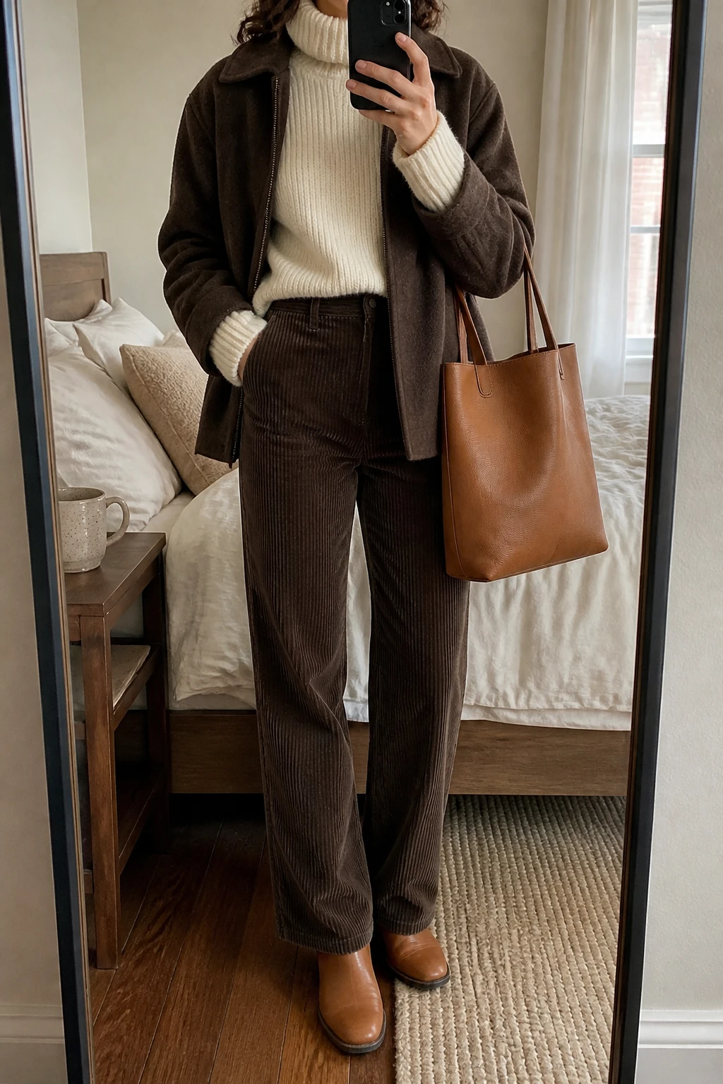 Image Prompt: Mirror selfie of a woman wearing a cream oversized ribbed wool turtleneck sweater, chocolate brown high-waisted straight-leg corduroy trousers, a dark brown hip-length wool-blend jacket worn open, tan leather flat ankle boots, and a medium caramel leather tote bag, holding a phone in front of a mirror, cropped at the NECK so the face does not show, with a relaxed casual selfie pose, in a cozy bedroom mirror setup, soft natural window light, a coffee mug on a bedside table and soft pillows on an unmade bed, believable corduroy ridges and thick sweater fabric, latest iPhone photo quality, no additional clothing or accessories.
