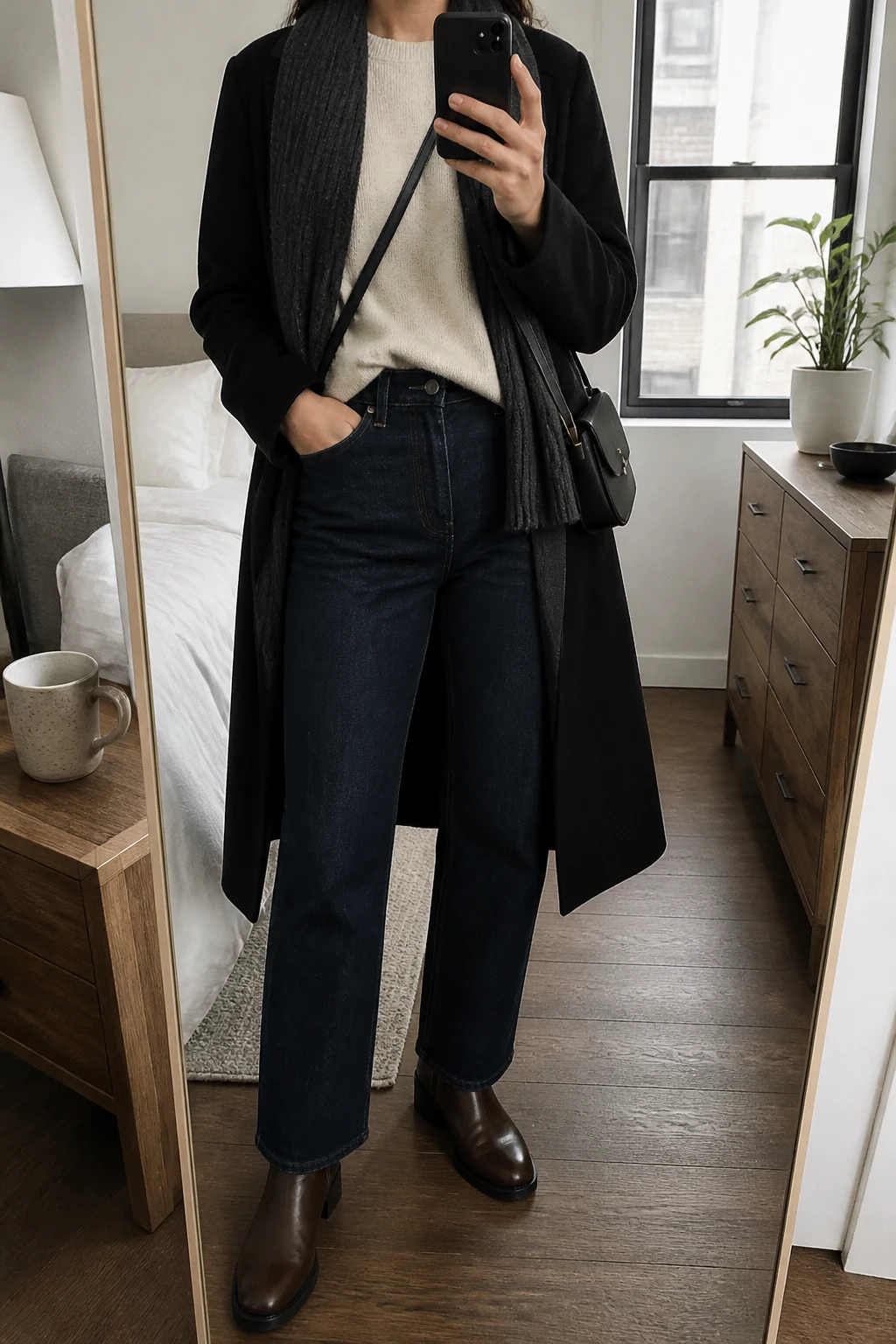 Image Prompt: Mirror selfie of a woman wearing a cream relaxed-fit cashmere crewneck sweater tucked slightly into dark indigo high-waisted straight-leg jeans, a long black tailored wool coat worn open, chocolate brown leather low-heeled ankle boots with rubber soles, a small black leather crossbody bag, and a charcoal grey ribbed wool scarf, holding a phone in front of a mirror, cropped at the NECK so the face does not show, with a relaxed casual selfie pose, in a stylish city apartment, natural window light, a coffee mug on a bedside table and a small plant on a dresser, realistic cashmere knit texture, natural denim creases and understated everyday appearance, latest iPhone photo quality, no additional clothing or accessories.