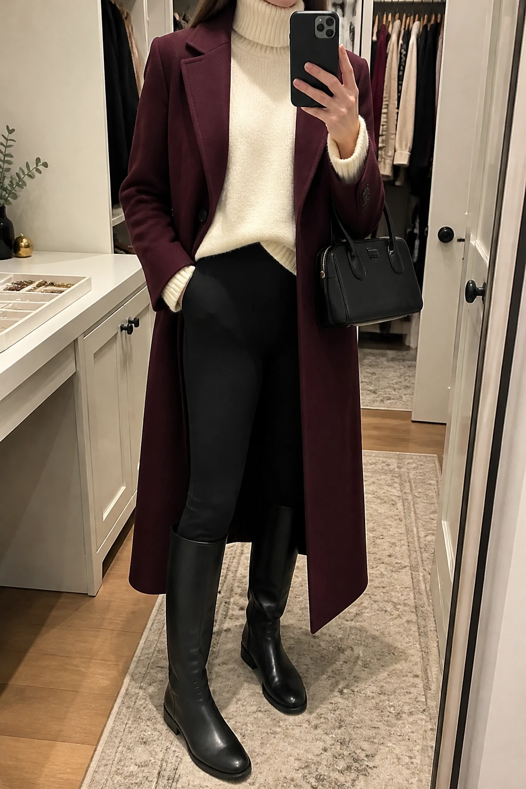 Image Prompt: Mirror selfie of a woman wearing a long burgundy tailored wool coat over a cream oversized fine-knit turtleneck sweater, black high-waisted thick ponte-knit leggings, black leather knee-high flat boots with rubber soles, and a small structured black leather handbag, holding a phone in front of a mirror, cropped at the NECK so the face does not show, with a relaxed casual selfie pose, in a walk-in closet mirror, warm soft indoor lighting, an open closet with clothes visible and a jewelry tray on the vanity, realistic burgundy wool texture, natural cream knit folds and smooth black ponte fabric, latest iPhone photo quality, no additional clothing or accessories.