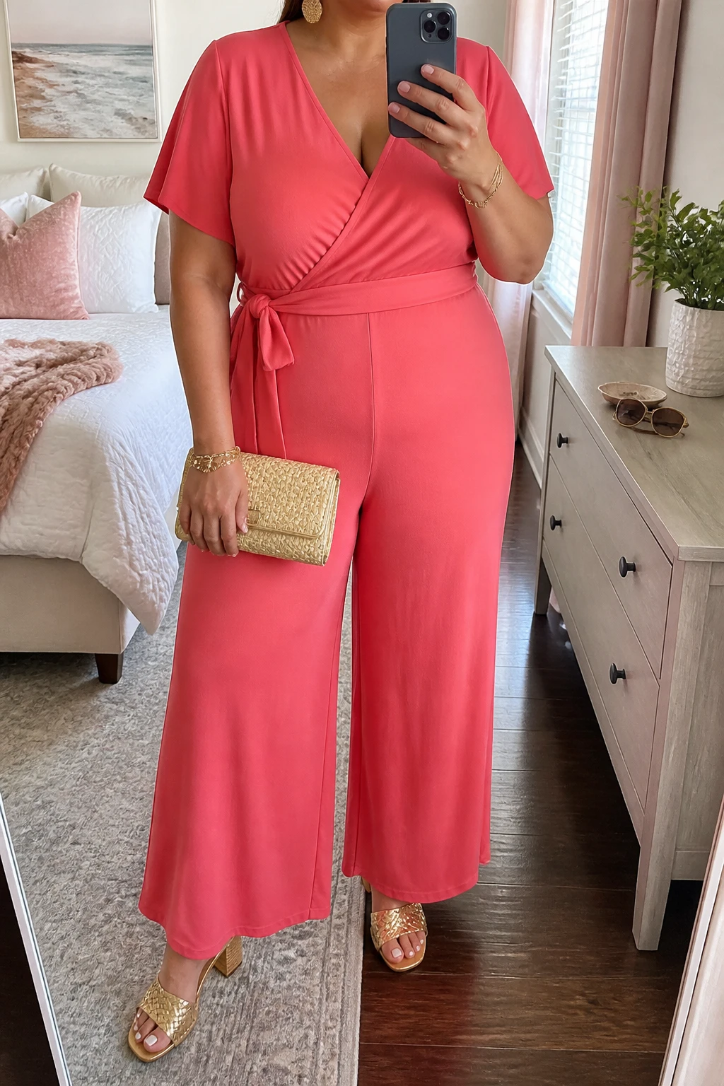 Mirror selfie of a plus size woman wearing a coral pink wide-leg wrap jumpsuit with short flutter sleeves, a V-neckline, and a matching fabric waist tie, metallic gold woven block-heel sandals, a natural raffia clutch with gold trim, and hammered gold drop earrings, clearly showing the exact jumpsuit, coral color, wrap shape, footwear, and accessories listed, holding a phone in front of a mirror, cropped at the neck so the face does not appear, relaxed cheerful selfie stance, in a feminine-themed bedroom with natural window light, sunglasses placed on a dresser and a small plant nearby, realistic summer birthday outfit, latest iPhone photo quality.