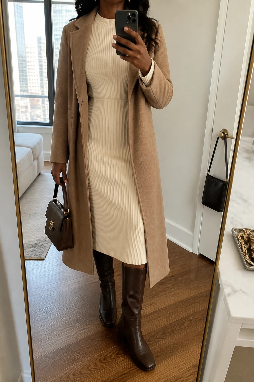 Image Prompt: Mirror selfie of a black woman wearing a cream long-sleeve ribbed knit midi dress with a modest high neckline and softly fitted waist, chocolate brown leather knee-high boots with low block heels, a long camel tailored wool coat worn open, a small structured dark brown leather handbag, and delicate gold stud earrings, holding a phone in front of a full-length mirror, cropped at the NECK so the face does not show, with a relaxed casual selfie pose, in a stylish city apartment, soft natural window light, a handbag hanging on a door handle and a jewelry tray on the vanity, realistic ribbed knit texture, natural wool coat folds, latest iPhone photo quality, no additional clothing or accessories.