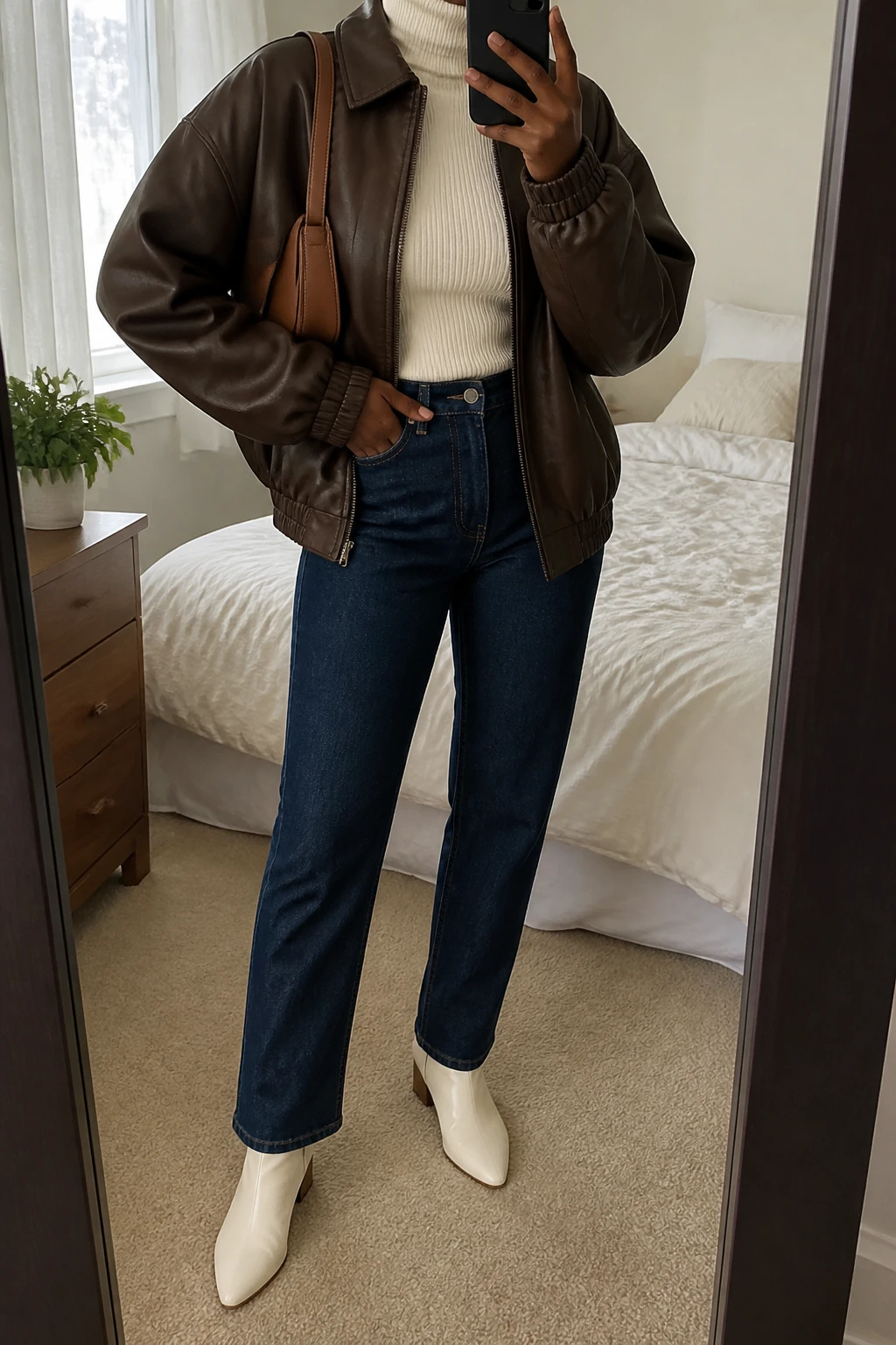 Image Prompt: Mirror selfie of a black woman wearing a chocolate brown oversized faux-leather bomber jacket over an ivory fitted ribbed turtleneck sweater, dark blue high-waisted straight-leg denim jeans, cream leather pointed-toe ankle boots with low block heels, and a small caramel leather shoulder bag, holding a phone in front of a mirror, cropped at the NECK so the face does not show, with a relaxed casual selfie pose, in a cozy bedroom mirror setup, natural window light, soft pillows on an unmade bed and a small plant on a dresser, realistic chocolate brown leather grain, natural denim folds and true-to-life cream tones, latest iPhone photo quality, no additional clothing or accessories.