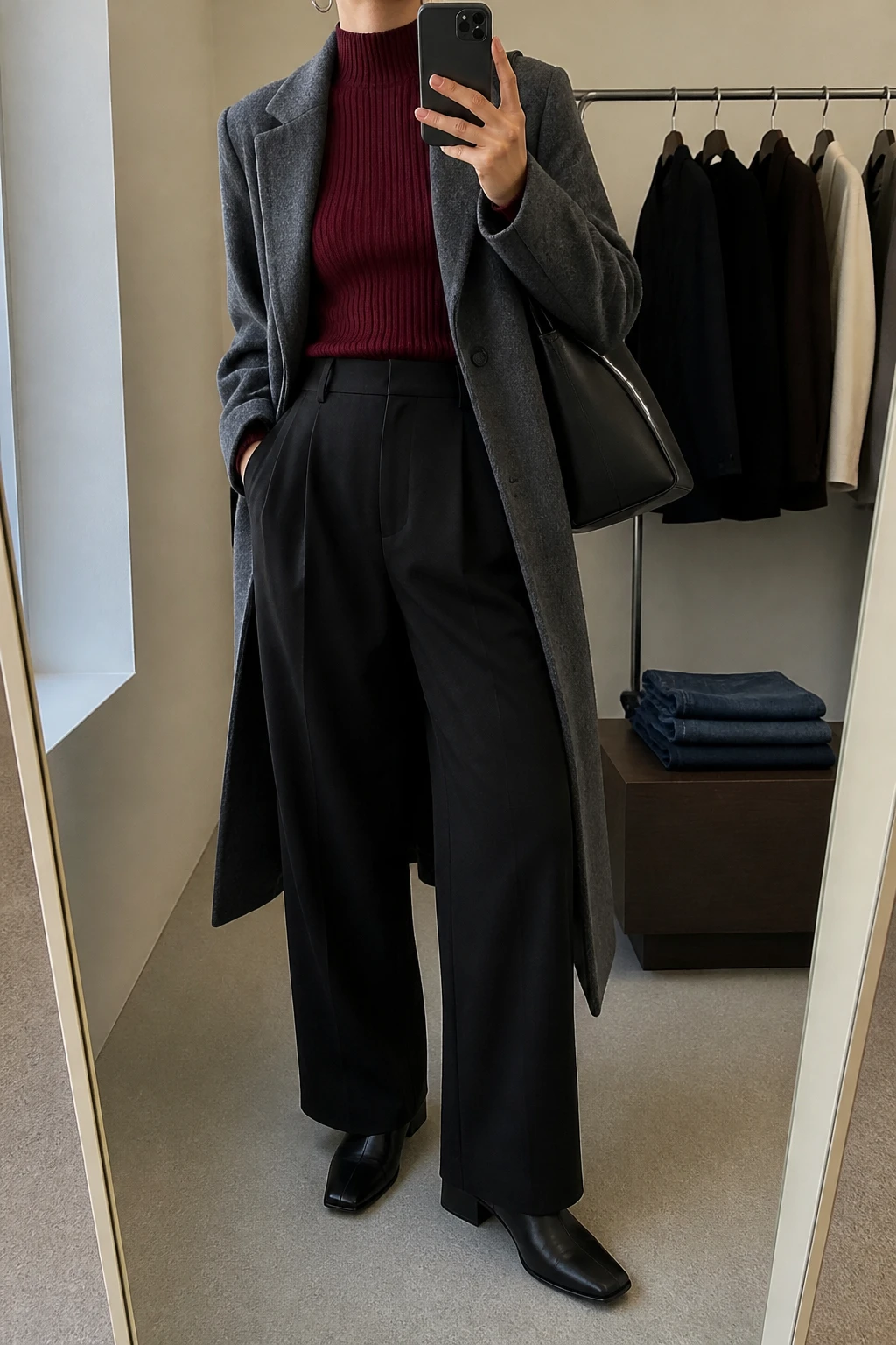 Image Prompt: Mirror selfie of a woman wearing a deep burgundy fitted ribbed mock-neck sweater tucked into black high-waisted pleated wide-leg wool trousers, a long charcoal grey tailored wool coat worn open, black leather square-toe ankle boots with low block heels, a structured black leather shoulder tote, and delicate silver hoop earrings, holding a phone in front of a mirror, cropped at the NECK so the face does not show, with a relaxed casual selfie pose, in a minimal dressing room, soft natural window light, a clothing rack with garments behind and folded denim jeans on a bench, realistic burgundy knit texture, natural black trouser pleats, subtle wool coat folds and latest iPhone photo quality, no additional clothing or accessories.