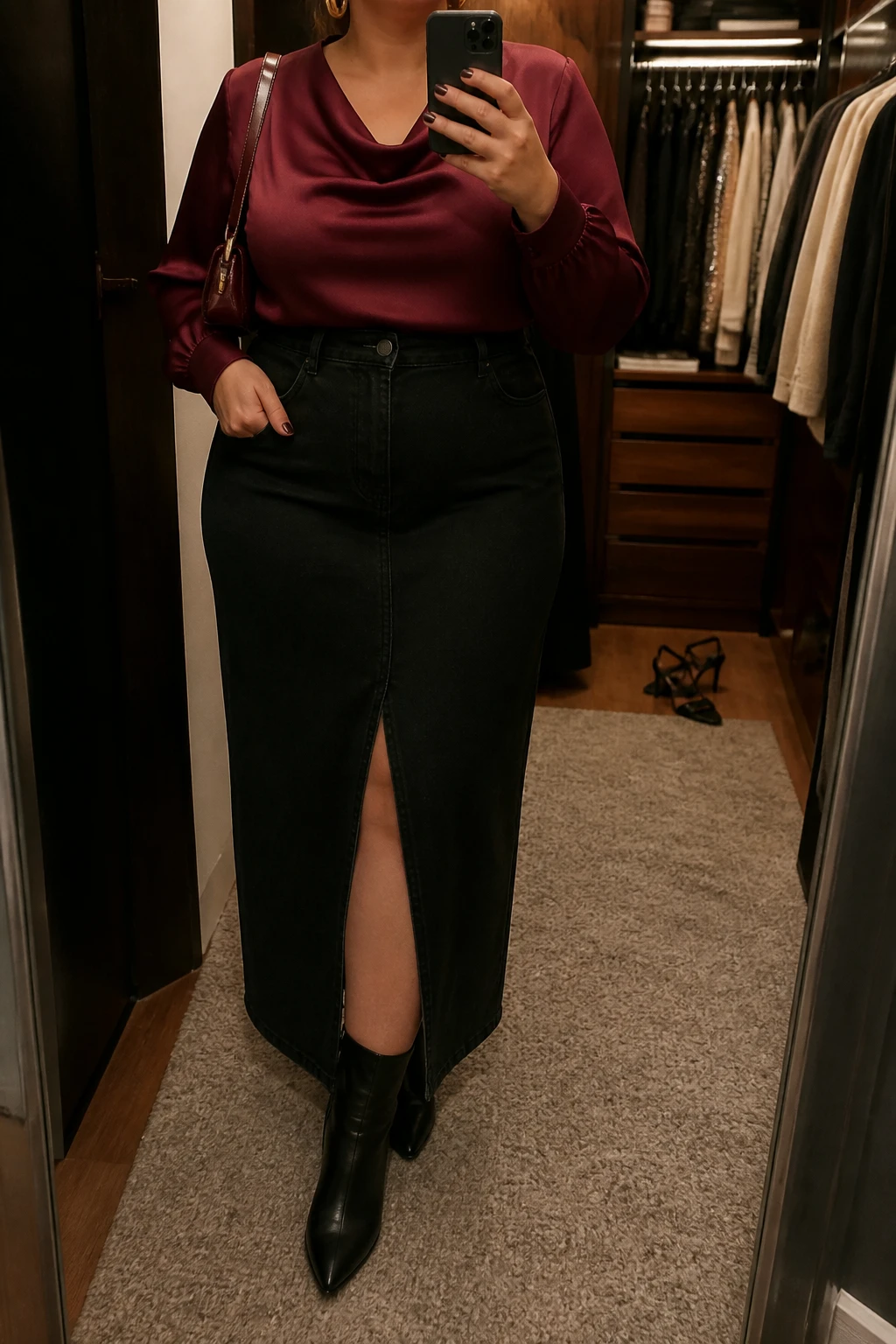 Mirror selfie of a plus size woman wearing a black high-waisted denim maxi skirt with a centre walking slit, a burgundy satin long-sleeve blouse with a softly draped neckline, black pointed ankle boots with block heels, a burgundy patent shoulder bag, and chunky gold hoop earrings, clearly showing the exact clothing items, black denim, burgundy satin, slit, footwear, and accessories listed, holding a phone in front of a mirror, cropped at the neck so her face does not show, relaxed elegant selfie pose, in a walk-in closet mirror with warm moody lighting, an open closet with clothes visible and a pair of heels on the floor nearby, realistic evening outfit, latest iPhone photo quality.