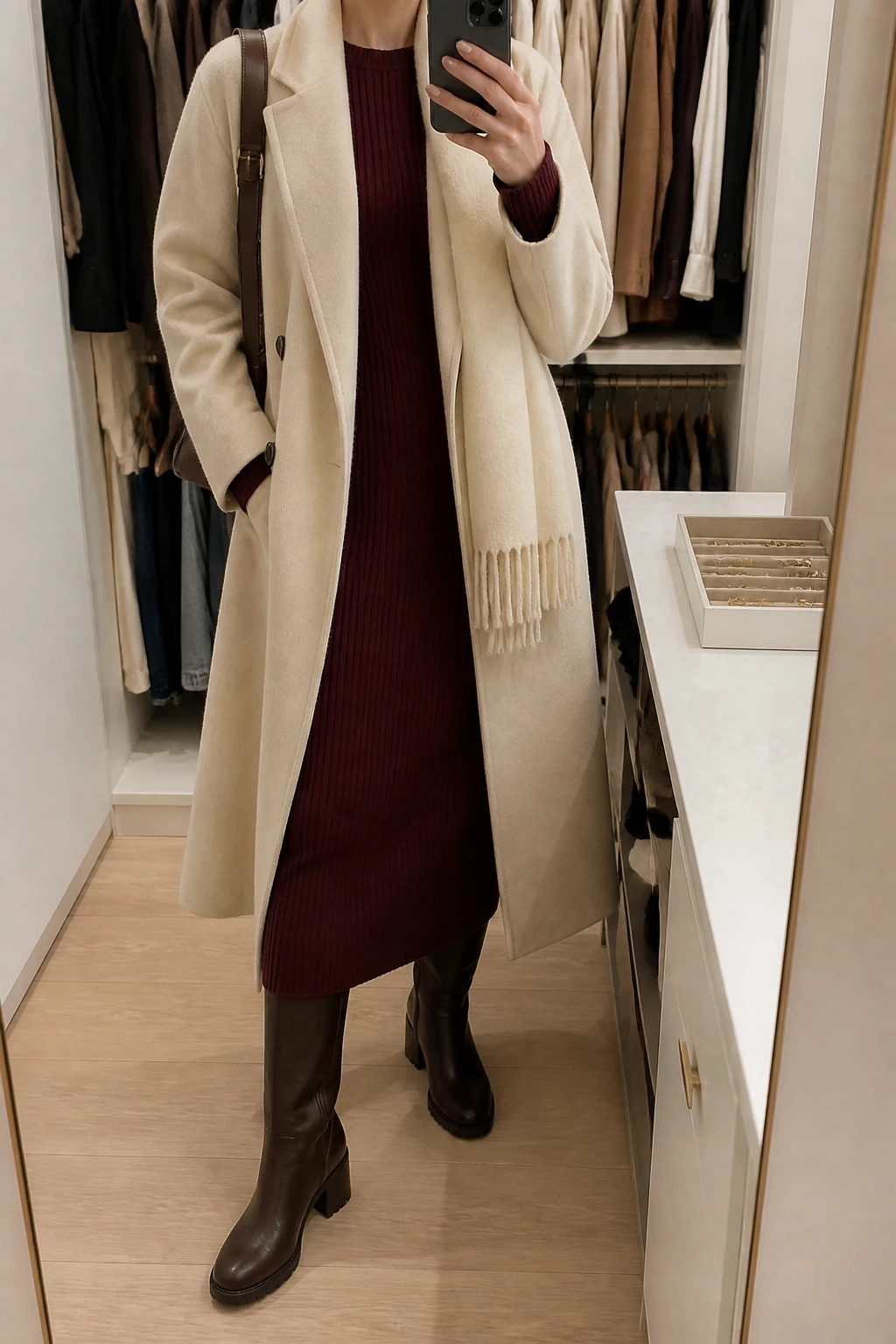 Image Prompt: Mirror selfie of a woman wearing a long cream tailored wool coat open over a burgundy long-sleeve ribbed knit midi dress, chocolate brown leather knee-high block-heel boots with rubber soles, a small dark brown structured shoulder bag, and a cream cashmere scarf, holding a phone in front of a mirror, cropped at the NECK so the face does not show, with a relaxed casual selfie pose, in a walk-in closet mirror, warm soft indoor lighting, an open closet with clothes visible and a jewelry tray on the vanity, true-to-life burgundy tones, realistic leather and knit fabrics, latest iPhone photo quality, no additional clothing or accessories.