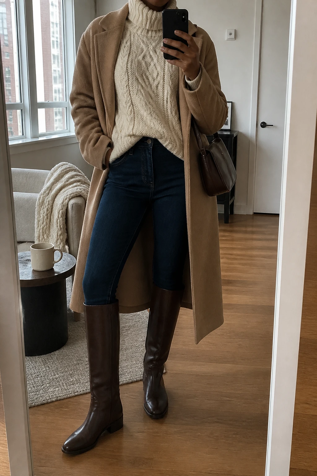 Image Prompt: Mirror selfie of a black woman wearing a cream oversized chunky cable-knit turtleneck sweater with a slight front tuck, dark indigo high-waisted skinny jeans, chocolate brown leather knee-high boots with low block heels, a long camel wool coat worn open, and a small dark brown leather shoulder bag, holding a phone in front of a full-length mirror, cropped at the NECK so the face does not show, with a relaxed casual selfie pose, in a stylish city apartment, soft natural window light, a coffee mug on a side table and a folded blanket on a chair, realistic chunky knit texture, natural leather finish, slightly imperfect everyday styling, latest iPhone photo quality, no additional clothing or accessories.