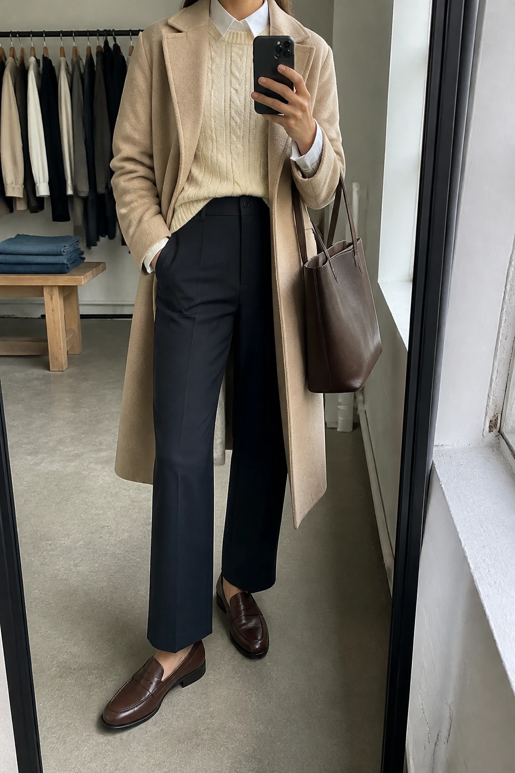 Image Prompt: Mirror selfie of a woman wearing a cream medium-weight cable-knit crewneck sweater layered over a white cotton collared shirt with the collar and cuffs visible, navy high-waisted straight-leg wool trousers, chocolate brown leather penny loafers with low stacked heels, a long beige tailored wool coat worn open, and a structured dark brown leather tote bag, holding a phone in front of a mirror, cropped at the NECK so the face does not show, with a relaxed casual selfie pose, in a fashion studio mirror corner, natural window light, a clothing rack with garments behind and folded denim jeans on a bench, realistic cream cable-knit texture, crisp cotton shirt and tailored navy trouser folds, latest iPhone photo quality, no additional clothing or accessories.