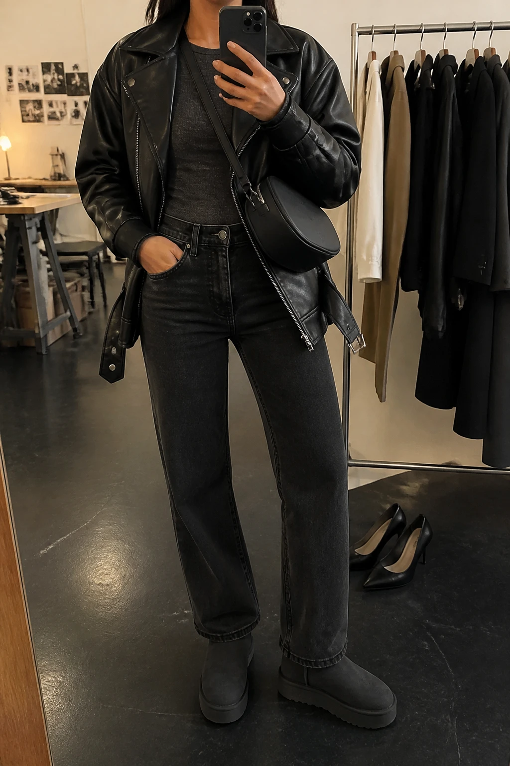 Image Prompt: Mirror selfie of a woman wearing a black oversized faux-leather biker jacket over a charcoal grey fitted ribbed long-sleeve top, washed black high-waisted straight-leg jeans, dark grey suede platform ankle boots with chunky flat soles, and a small black leather crossbody bag, holding a phone in front of a mirror, cropped at the NECK so the face does not show, with a relaxed casual selfie pose, in a fashion studio mirror corner, warm moody indoor lighting, a clothing rack with garments behind and a pair of heels on the floor nearby, realistic dark suede platform boots, natural leather jacket grain and denim creases, latest iPhone photo quality, no additional clothing or accessories.