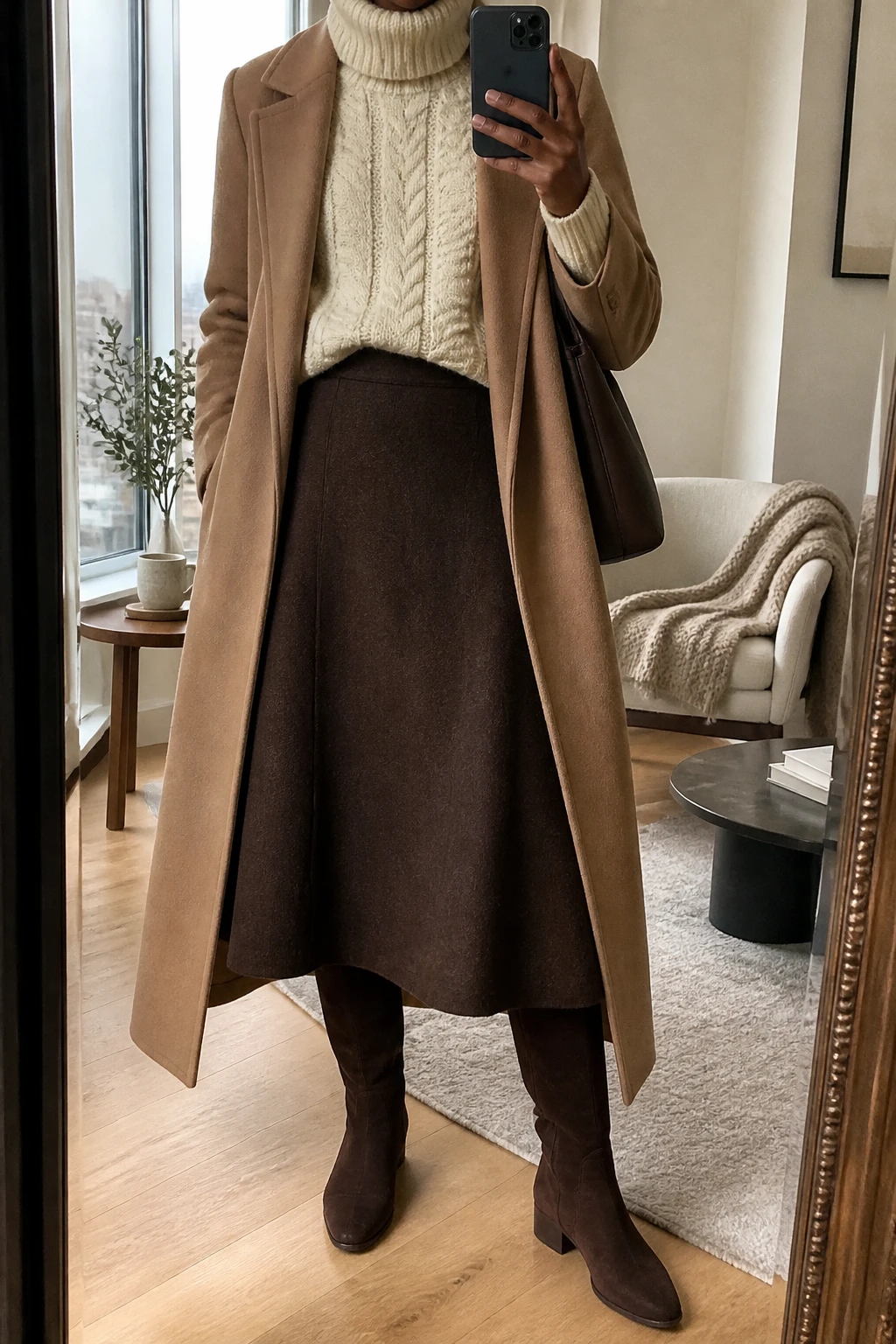 Image Prompt: Mirror selfie of a black woman wearing a cream chunky cable-knit turtleneck sweater tucked slightly into a chocolate brown high-waisted A-line wool midi skirt, dark brown suede knee-high boots with low block heels, a long camel tailored wool coat worn open, and a structured chocolate brown leather shoulder bag, holding a phone in front of a full-length mirror, cropped at the NECK so the face does not show, with a relaxed casual selfie pose, in a stylish city apartment, soft natural window light, a coffee mug on a side table and a folded blanket on a chair, realistic chunky sweater stitches, natural chocolate wool skirt folds, soft suede texture, true-to-life colors, latest iPhone photo quality, no additional clothing or accessories.