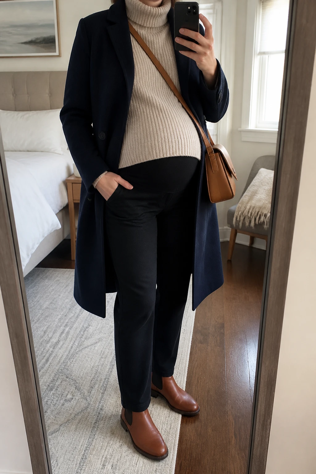 Image Prompt: Mirror selfie of a visibly pregnant woman wearing a long navy double-breasted wool coat left open over an oatmeal oversized ribbed maternity turtleneck sweater with extra room around her growing baby bump, black high-waisted over-the-bump straight-leg maternity denim jeans, cognac brown leather flat Chelsea boots with rubber soles, and a medium tan leather crossbody bag, holding a phone in front of a full-length mirror, cropped at the NECK so the face does not show, with a relaxed casual selfie pose and naturally rounded pregnancy silhouette, in a cozy bedroom mirror setup, soft natural window light, a coffee mug on a bedside table and a folded blanket on a chair, realistic navy wool coat texture, natural oatmeal ribbed knit folds, comfortable black maternity denim fit, latest iPhone photo quality, no additional clothing or accessories.