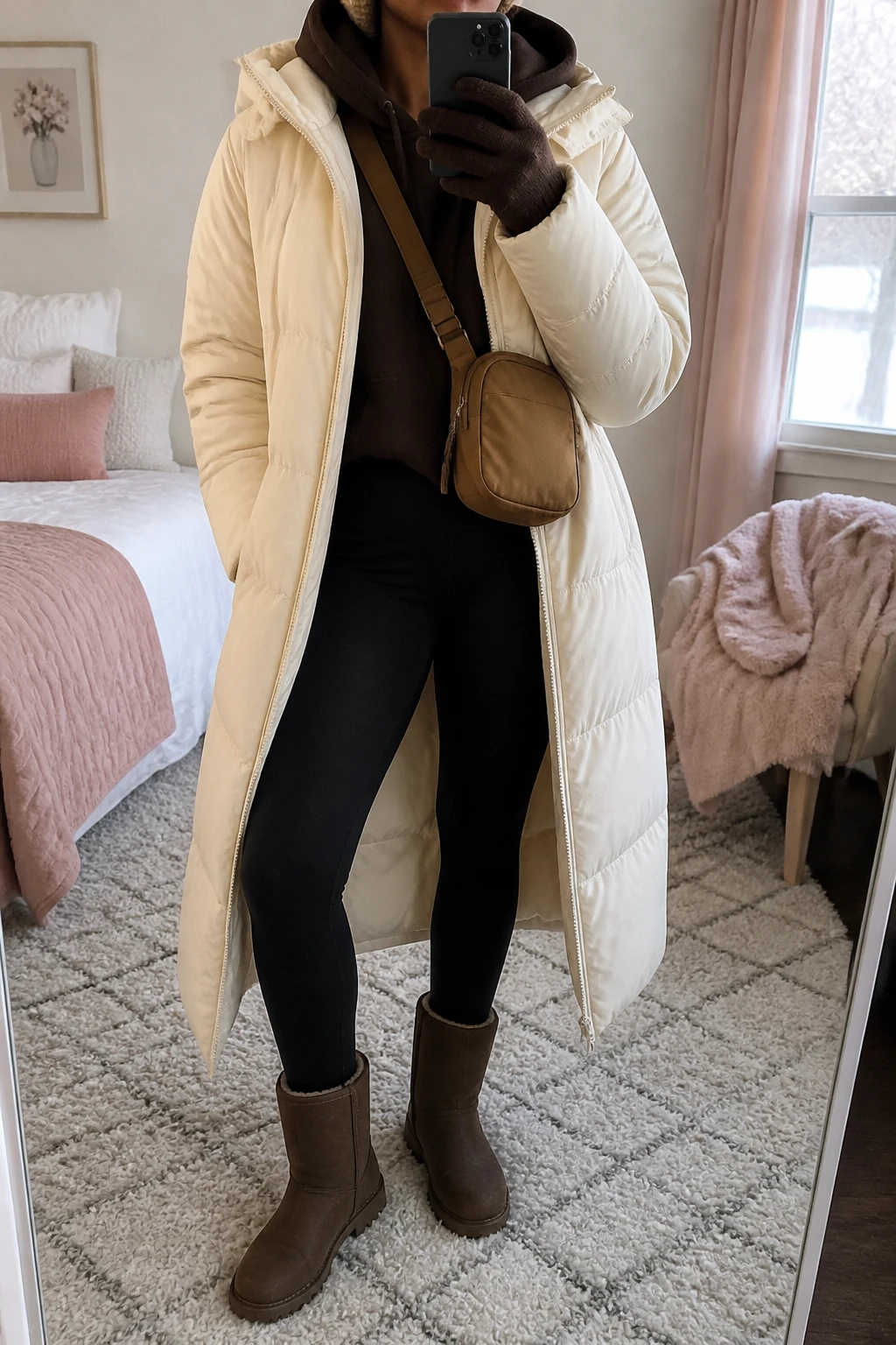 Image Prompt: Mirror selfie of a black woman wearing a long cream insulated hooded puffer coat extending below the knees, worn open over a chocolate brown oversized thick fleece-lined hoodie, black high-waisted fleece-lined thermal leggings, chocolate brown waterproof insulated mid-calf winter boots with flat rubber lug soles, a beige ribbed knit beanie, thick dark brown knitted gloves, and a small caramel nylon crossbody bag, holding a phone in front of a mirror, cropped at the NECK so the face does not show, with a relaxed casual selfie pose, in a feminine-themed bedroom, soft natural window light, soft pillows on an unmade bed and a folded blanket on a chair, realistic cream quilted puffer fabric, natural chocolate fleece folds, believable warm leggings texture, latest iPhone photo quality, no additional clothing or accessories.