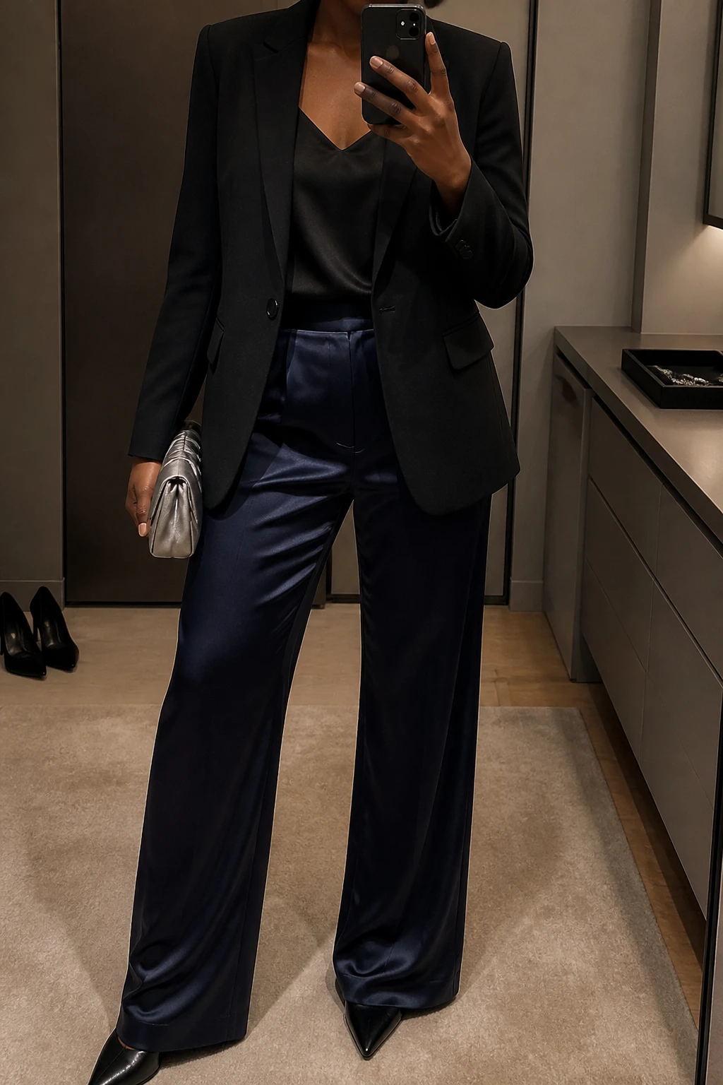 Image Prompt: Mirror selfie of a black woman wearing a black fitted single-breasted tailored wool blazer over a black silk camisole, midnight navy high-waisted wide-leg satin trousers, black leather pointed-toe block heels, a small silver satin evening clutch, and delicate silver crystal drop earrings, holding a phone in front of a mirror, cropped at the NECK so the face does not show, with a relaxed casual selfie pose, in a minimal dressing room, warm moody lighting, a pair of heels on the floor and a jewelry tray on the vanity, realistic navy satin reflections, natural black wool blazer texture, elegant relaxed pose, latest iPhone photo quality, no additional clothing or accessories.