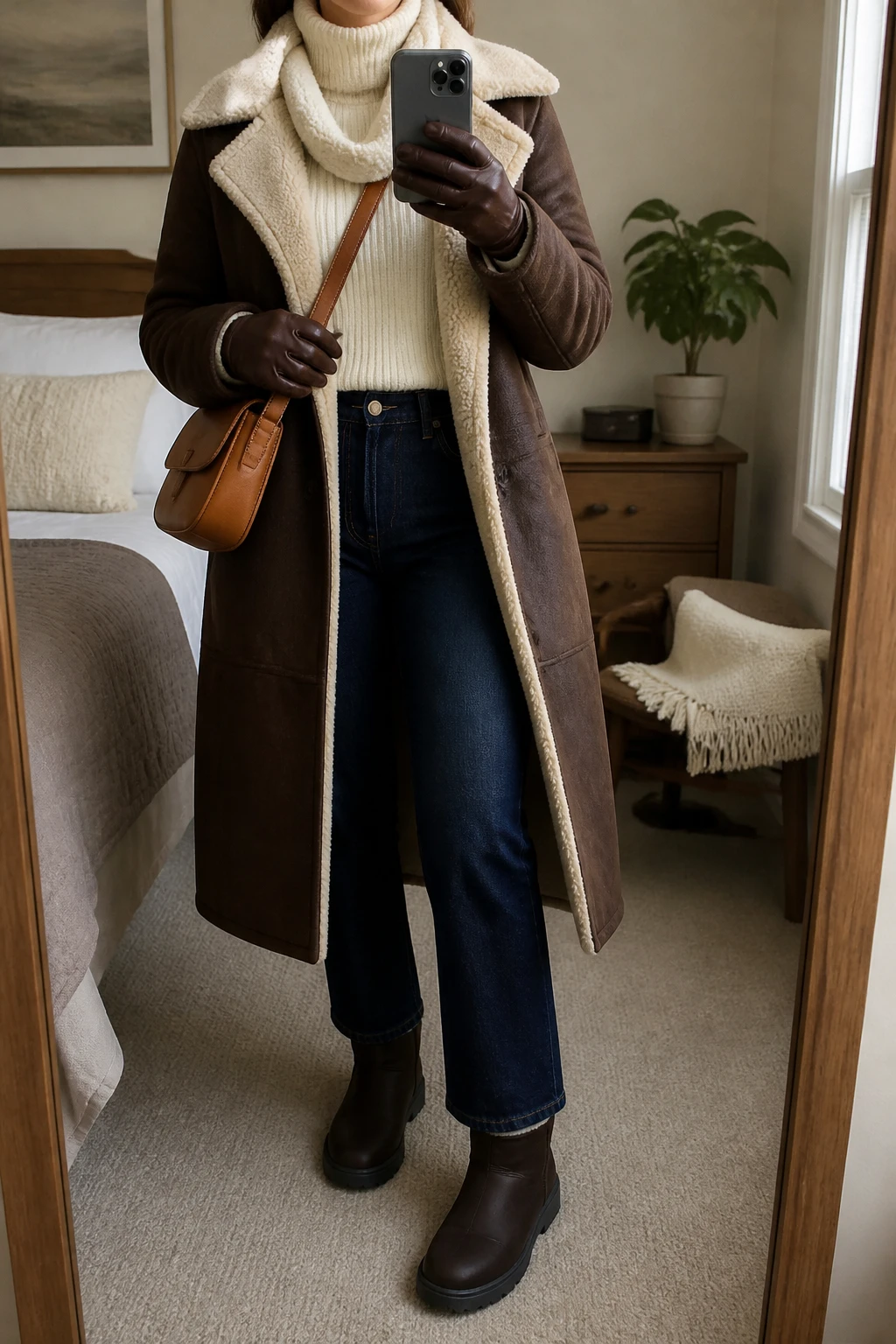 Image Prompt: Mirror selfie of a woman wearing a long chocolate brown faux-suede shearling-lined coat with a thick cream fleece collar over an ivory fitted merino wool turtleneck sweater, dark indigo high-waisted straight-leg denim jeans with fleece-lined black thermal leggings underneath, dark brown waterproof insulated ankle boots with flat rubber soles, a cream chunky wool scarf, dark brown leather insulated gloves, and a structured tan leather crossbody bag, holding a phone in front of a mirror, cropped at the NECK so the face does not show, with a relaxed casual selfie pose, in a cozy bedroom mirror setup, soft natural window light, a folded blanket on a chair and a small plant on a dresser, realistic chocolate faux-suede and shearling texture, natural dark denim folds and soft ivory knit, latest iPhone photo quality, no additional clothing or accessories.