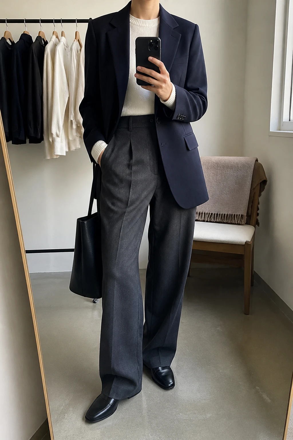 Image Prompt: Mirror selfie of a woman wearing a navy tailored single-breasted wool-blend blazer over an ivory fine-knit crewneck sweater, charcoal grey high-waisted wide-leg wool trousers, black leather pointed-toe loafers, and a structured black leather tote bag, holding a phone in front of a mirror, cropped at the NECK so the face does not show, with a relaxed casual selfie pose, in a minimal dressing room, natural window light, a clothing rack with garments behind and a folded blanket on a chair, realistic tailoring, natural fabric creases and understated professional appearance, latest iPhone photo quality, no additional clothing or accessories.