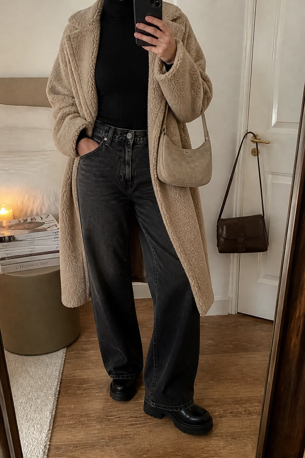 Image Prompt: Mirror selfie of a woman wearing a beige oversized teddy-fleece coat open over a black fine-knit fitted turtleneck sweater, faded black high-waisted wide-leg jeans, black leather chunky platform ankle boots, and a small beige suede shoulder bag, holding a phone in front of a mirror, cropped at the NECK so the face does not show, with a relaxed casual selfie pose, in a cozy bedroom mirror setup, warm soft indoor lighting, a stack of fashion magazines on a side table and a handbag hanging on a door handle, believable teddy-fleece texture, natural jeans creases, latest iPhone photo quality, no additional clothing or accessories.