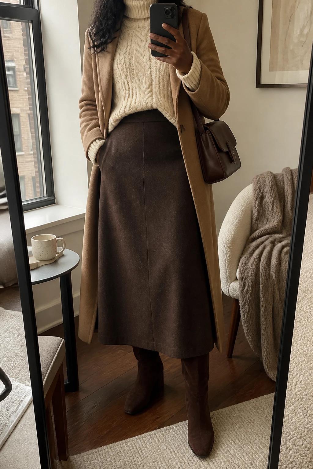 Image Prompt: Mirror selfie of a black woman wearing a cream chunky cable-knit turtleneck sweater with a small front tuck into a chocolate brown high-waisted A-line wool maxi skirt, dark brown suede knee-high boots with low block heels, a long camel tailored wool coat worn open, and a structured chocolate brown leather shoulder bag, holding a phone in front of a full-length mirror, cropped at the NECK so the face does not show, with a relaxed casual selfie pose, in a stylish city apartment, soft natural window light, a coffee mug on a side table and a folded blanket on a chair, realistic cream cable-knit stitches, natural chocolate wool skirt folds, soft suede texture, believable fabric proportions, latest iPhone photo quality, no additional clothing or accessories.