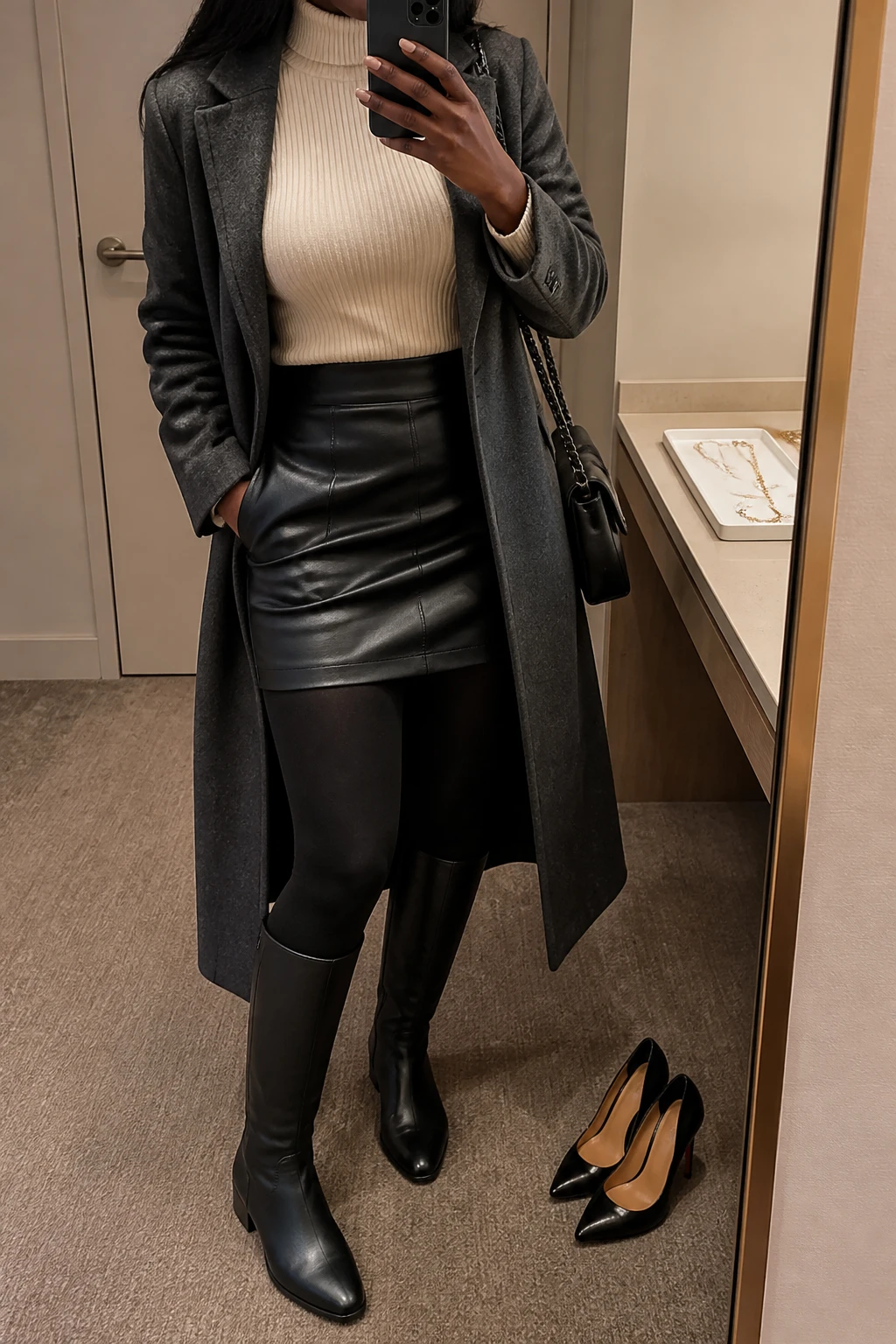 Image Prompt: Mirror selfie of a black woman wearing an ivory fitted ribbed turtleneck sweater tucked into a black high-waisted faux-leather mini skirt, black opaque fleece-lined tights, black leather knee-high boots with low block heels, a long charcoal grey tailored wool coat worn open, and a small black chain-strap shoulder bag, holding a phone in front of a mirror, cropped at the NECK so the face does not show, with a relaxed casual selfie pose, in a minimal dressing room, warm soft indoor lighting, a jewelry tray on the vanity and a pair of heels on the floor nearby, realistic faux-leather skirt texture, natural ribbed sweater fabric and casual evening pose, latest iPhone photo quality, no additional clothing or accessories.