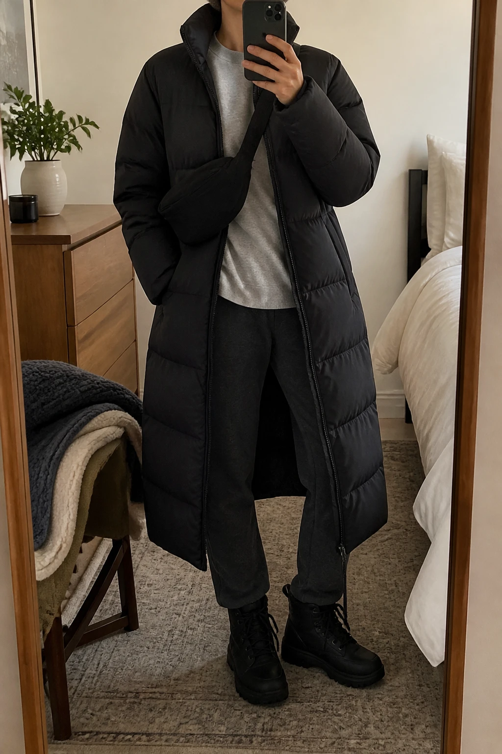 Image Prompt: Mirror selfie of a woman wearing a long black insulated down puffer coat with a high collar over a heather grey fleece-lined crewneck sweatshirt, charcoal grey straight-leg thermal trousers, black waterproof insulated lace-up winter boots with flat grippy soles, a small black nylon zippered crossbody bag, and a charcoal grey ribbed wool beanie, holding a phone in front of a mirror, cropped at the NECK so the face does not show, with a relaxed casual selfie pose, in a cozy bedroom mirror setup, soft indoor lighting, a folded blanket on a chair and a small plant on a dresser, realistic padded coat volume and natural fleece texture, latest iPhone photo quality, no additional clothing or accessories.