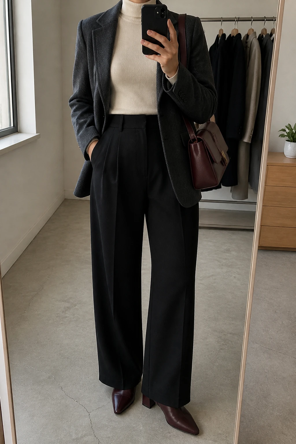 Image Prompt: Mirror selfie of a woman wearing a cream fitted fine-knit turtleneck sweater beneath a charcoal grey tailored wool blazer, black high-waisted wide-leg tailored trousers, burgundy leather pointed-toe ankle boots with low block heels, and a structured burgundy leather shoulder bag, holding a phone in front of a mirror, cropped at the NECK so the face does not show, with a relaxed casual selfie pose, in a minimal dressing room, soft natural window light, a clothing rack with garments behind and a small plant on a dresser, realistic tailored trouser folds, deep burgundy leather texture and natural professional styling, latest iPhone photo quality, no additional clothing or accessories.