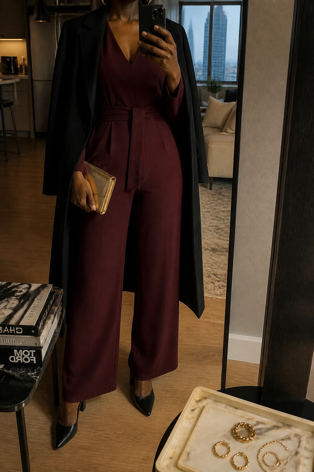 Image Prompt: Mirror selfie of a black woman wearing a burgundy long-sleeve crepe wide-leg jumpsuit with a fitted waist, modest V-neckline and subtle fabric belt, black pointed-toe block heels, a small metallic gold evening clutch, gold twisted hoop earrings, and a long black wool wrap coat worn open, holding a phone in front of a mirror, cropped at the NECK so the face does not show, with a relaxed casual selfie pose, in a stylish city apartment, warm moody lighting, a jewelry tray on the vanity and a stack of fashion magazines on a side table, realistic crepe fabric drape, natural proportions and subdued burgundy color, latest iPhone photo quality, no additional clothing or accessories.