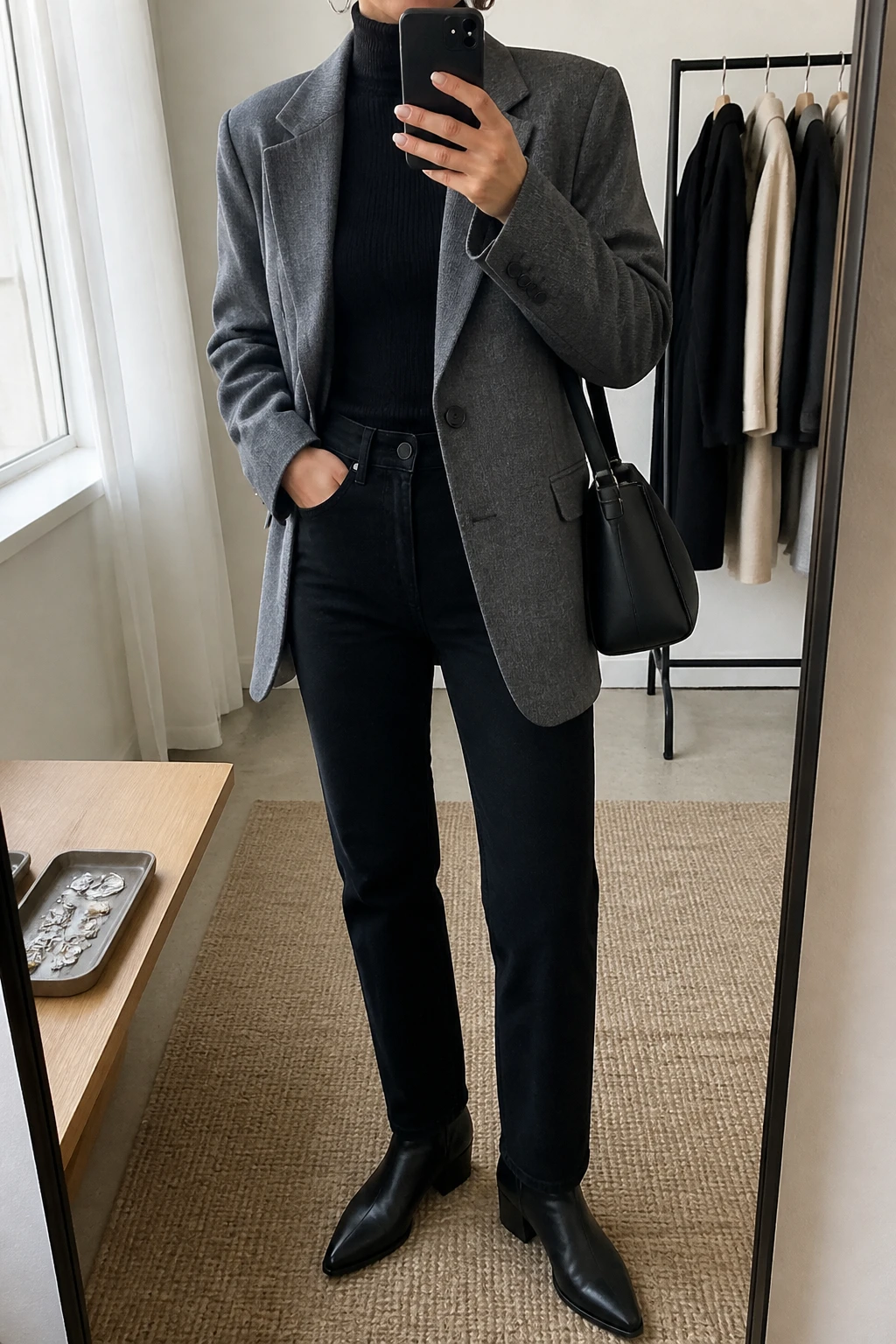 Image Prompt: Mirror selfie of a woman wearing an oversized heather grey single-breasted wool-blend blazer over a black fitted ribbed turtleneck sweater, solid black high-waisted slim straight-leg denim jeans, black leather pointed-toe ankle boots with low block heels, a structured black leather handbag, and delicate silver hoop earrings, holding a phone in front of a mirror, cropped at the NECK so the face does not show, with a relaxed casual selfie pose, in a minimal dressing room, soft natural window light, a clothing rack behind and a jewelry tray on the vanity, realistic grey wool texture, natural black denim creases and polished casual proportions, latest iPhone photo quality, no additional clothing or accessories.