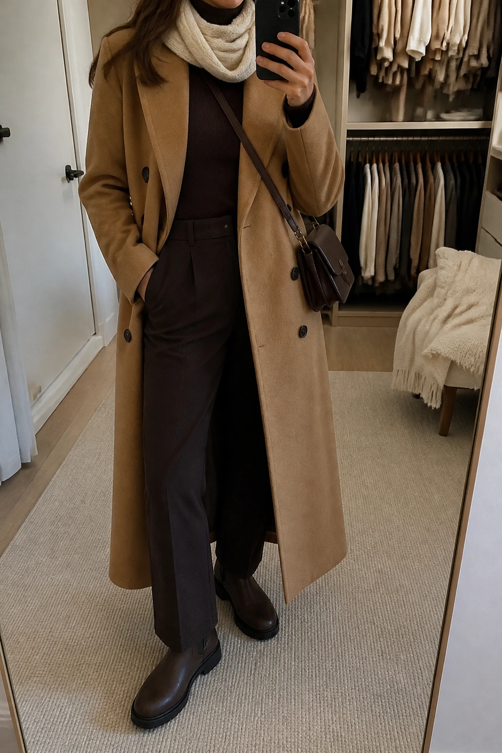 Image Prompt: Mirror selfie of a woman wearing a long camel double-breasted heavyweight wool coat over a chocolate brown fitted merino wool turtleneck sweater, dark brown high-waisted straight-leg wool trousers with thin thermal leggings underneath, dark brown waterproof insulated leather ankle boots with flat grippy rubber soles, a cream chunky wool scarf, a chocolate brown ribbed knit beanie, and a small structured dark brown leather crossbody bag, holding a phone in front of a mirror, cropped at the NECK so the face does not show, with a relaxed casual selfie pose, in a walk-in closet mirror, soft indoor lighting, an open closet with clothes visible and a folded blanket on a chair, realistic camel wool texture, natural chocolate knit folds, warm neutral winter colors, latest iPhone photo quality, no additional clothing or accessories.