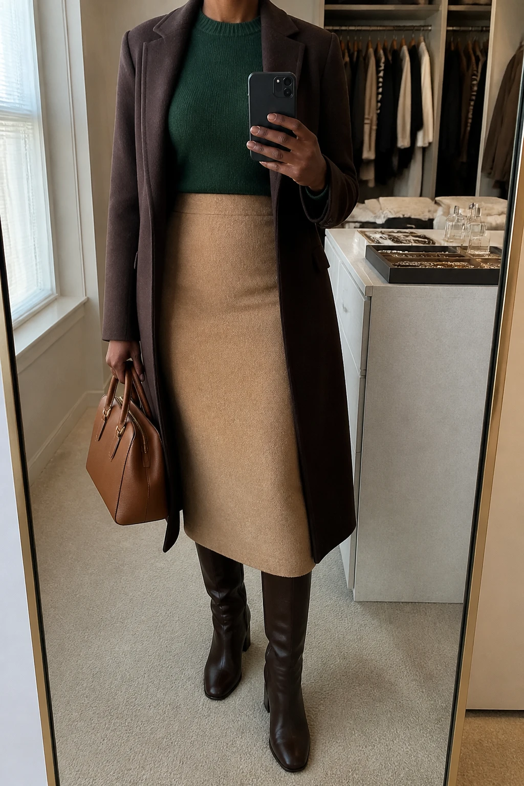 Image Prompt: Mirror selfie of a black woman wearing a forest green fitted cashmere-blend crewneck sweater tucked into a camel high-waisted wool-blend pencil midi skirt, dark brown leather knee-high block-heel boots, a chocolate brown tailored wool coat worn open, and a structured caramel leather handbag, holding a phone in front of a mirror, cropped at the NECK so the face does not show, with a relaxed casual selfie pose, in a walk-in closet mirror, soft natural window light, an open closet with clothes visible and a jewelry tray on the vanity, realistic forest green knit fabric and natural wool skirt texture, latest iPhone photo quality, no additional clothing or accessories.