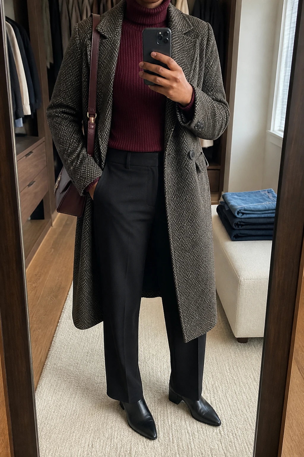 Image Prompt: Mirror selfie of a black woman wearing a long charcoal grey herringbone wool coat over a burgundy fitted ribbed turtleneck sweater, black high-waisted straight-leg tailored trousers, black leather pointed-toe ankle boots with low block heels, and a structured burgundy leather shoulder bag, holding a phone in front of a mirror, cropped at the NECK so the face does not show, with a relaxed casual selfie pose, in a walk-in closet mirror, soft natural window light, an open closet with clothes visible and folded denim jeans on a bench, realistic herringbone fabric texture, natural burgundy knit color, latest iPhone photo quality, no additional clothing or accessories.