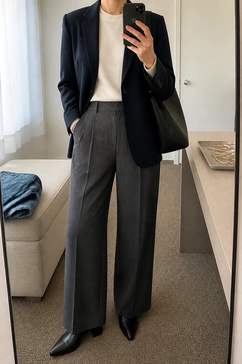 Image Prompt: Mirror selfie of a woman wearing a navy fitted single-breasted wool-blend blazer over an ivory fine-knit cashmere crewneck sweater, charcoal grey high-waisted wide-leg tailored trousers with pressed creases, black leather pointed-toe ankle boots with low block heels, a structured black leather shoulder tote, and small pearl stud earrings, holding a phone in front of a mirror, cropped at the NECK so the face does not show, with a relaxed casual selfie pose, in a minimal dressing room, soft natural window light, a jewelry tray on the vanity and folded denim jeans on a bench, realistic navy blazer tailoring, natural grey trouser folds and soft ivory knit fabric, latest iPhone photo quality, no additional clothing or accessories.