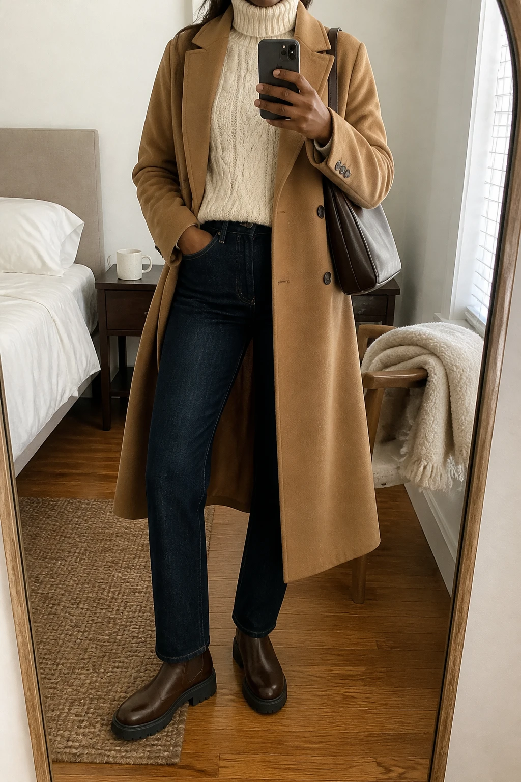 Image Prompt: Mirror selfie of a black woman wearing a long camel double-breasted wool coat left open over a cream chunky cable-knit turtleneck sweater, dark indigo high-waisted straight-leg jeans, chocolate brown leather chunky Chelsea boots with rubber soles, and a dark brown leather shoulder bag, holding a phone in front of a full-length mirror, cropped at the NECK so the face does not show, with a relaxed casual selfie pose, in a cozy bedroom mirror setup, soft natural window light, a folded blanket on a chair and a coffee mug on a bedside table, realistic thick wool and cable-knit textures, natural denim creases, latest iPhone photo quality, no additional clothing or accessories.
