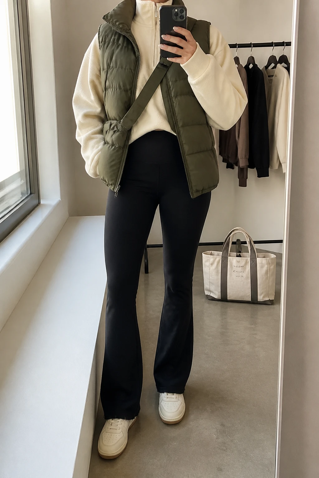 Image Prompt: Mirror selfie of a woman wearing an olive green insulated quilted puffer vest over a cream oversized thick fleece sweatshirt, black high-waisted fleece-lined flared leggings, cream leather sneakers with beige rubber soles, and a small dark olive nylon crossbody bag, holding a phone in front of a mirror, cropped at the NECK so the face does not show, with a relaxed casual selfie pose, in a minimal dressing room, soft natural window light, a tote bag resting on the floor and a clothing rack with garments behind, natural casual proportions, realistic winter layering, latest iPhone photo quality, no additional clothing or accessories.
