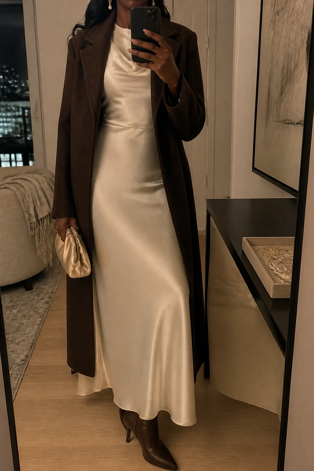 Image Prompt: Mirror selfie of a black woman wearing an ivory long-sleeve satin maxi dress with a modest softly draped neckline and gently fitted waist, a long chocolate brown tailored wool coat worn open, dark brown leather pointed-toe heeled ankle boots, a small champagne satin clutch, and delicate gold pearl-drop earrings, holding a phone in front of a mirror, cropped at the NECK so the face does not show, with a relaxed casual selfie pose, in a stylish city apartment, warm moody lighting, a jewelry tray on the vanity and a folded blanket on a chair, realistic ivory satin fabric with gentle natural reflections, rich chocolate wool texture, latest iPhone photo quality, no additional clothing or accessories.