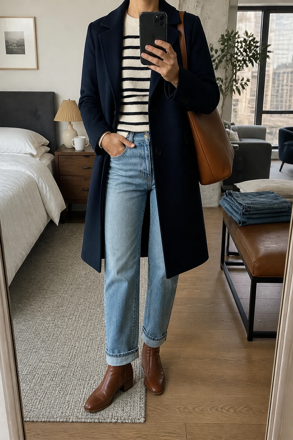 Image Prompt: Mirror selfie of a woman wearing a long navy wool single-breasted coat left open over a cream and navy striped crewneck knit sweater, light blue straight-leg denim jeans with slightly cuffed hems, cognac brown leather low-heeled ankle boots, and a medium tan leather tote bag over one shoulder, holding a phone in front of a mirror, cropped at the NECK so the face does not show, with a relaxed casual selfie pose, in a stylish city apartment, soft indoor lighting, a coffee mug on a bedside table and folded denim jeans on a bench, realistic everyday styling, latest iPhone photo quality, no additional clothing or accessories.