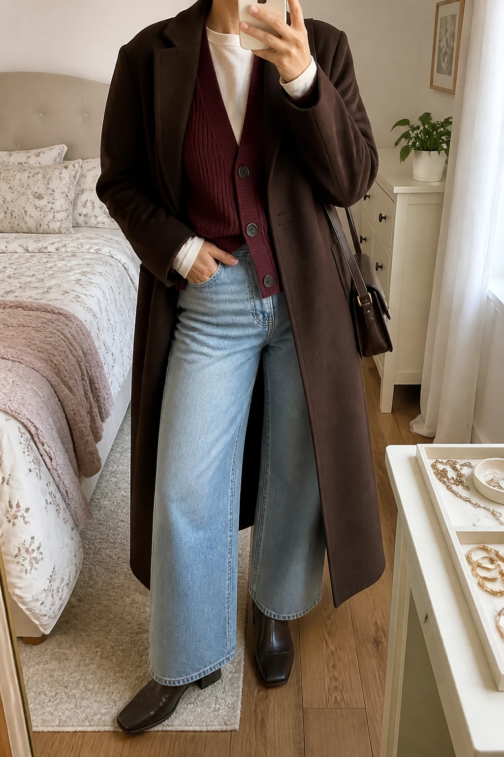 Image Prompt: Mirror selfie of a woman wearing a deep burgundy chunky ribbed button-front cardigan over an ivory fitted long-sleeve cotton crewneck top, light blue high-waisted wide-leg denim jeans with a slightly faded natural wash, dark brown leather square-toe ankle boots with low block heels, a long chocolate brown tailored wool coat worn open, and a small dark brown leather shoulder bag, holding a phone in front of a mirror, cropped at the NECK so the face does not show, with a relaxed casual selfie pose, in a feminine-themed bedroom, natural window light, a jewelry tray on the vanity and a small plant on a dresser, realistic burgundy cardigan stitches, natural pale blue denim folds, soft chocolate wool texture, latest iPhone photo quality, no additional clothing or accessories.