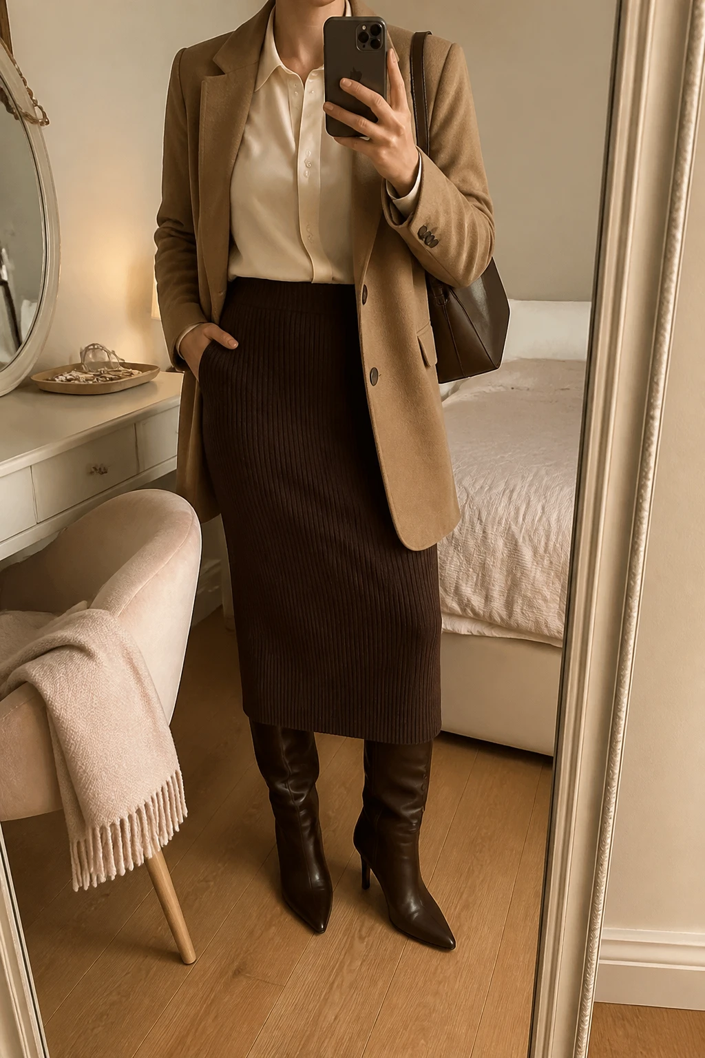 Image Prompt: Mirror selfie of a woman wearing a cream long-sleeve satin blouse with a simple pointed collar tucked into a chocolate brown ribbed knit midi skirt, dark brown leather knee-high heeled boots, a camel wool-blend blazer worn open, and a structured dark brown leather shoulder bag, holding a phone in front of a mirror, cropped at the NECK so the face does not show, with a relaxed casual selfie pose, in a feminine-themed bedroom, warm soft indoor lighting, a jewelry tray on the vanity and a folded blanket on a chair, natural satin folds, realistic knit texture, latest iPhone photo quality, no additional clothing or accessories.