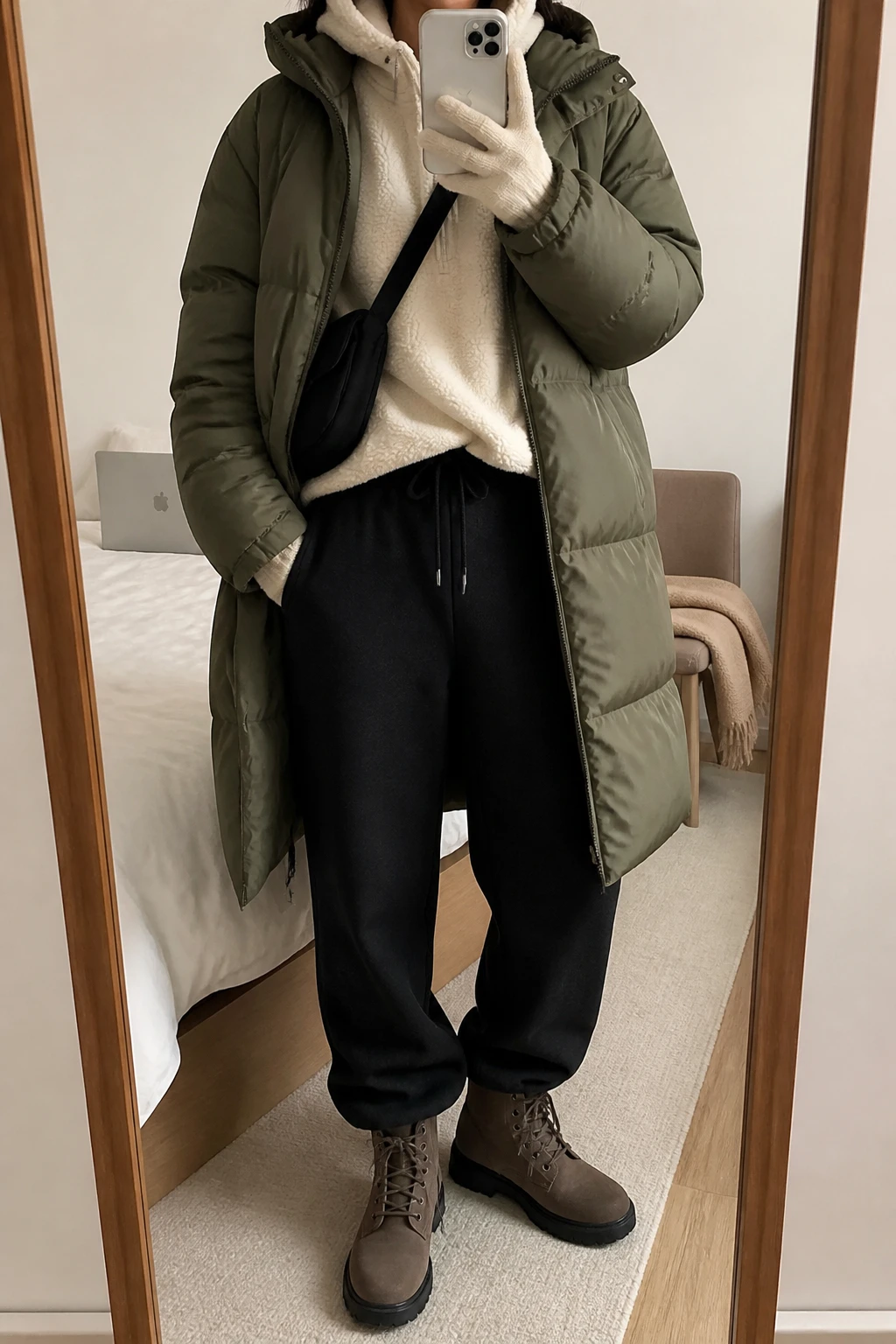 Image Prompt: Mirror selfie of a woman wearing a long olive green insulated hooded puffer coat over a cream oversized thick fleece-lined hoodie, black high-waisted straight-leg fleece-lined joggers, dark brown waterproof insulated lace-up winter boots with rubber lug soles, a beige chunky ribbed knit beanie, cream insulated winter gloves, and a small black nylon crossbody bag, holding a phone in front of a mirror, cropped at the NECK so the face does not show, with a relaxed casual selfie pose, in a cozy bedroom mirror setup, soft indoor lighting, a laptop on the bed and a folded blanket on a chair, realistic olive quilted puffer texture, natural cream fleece fabric and black jogger folds, latest iPhone photo quality, no additional clothing or accessories.