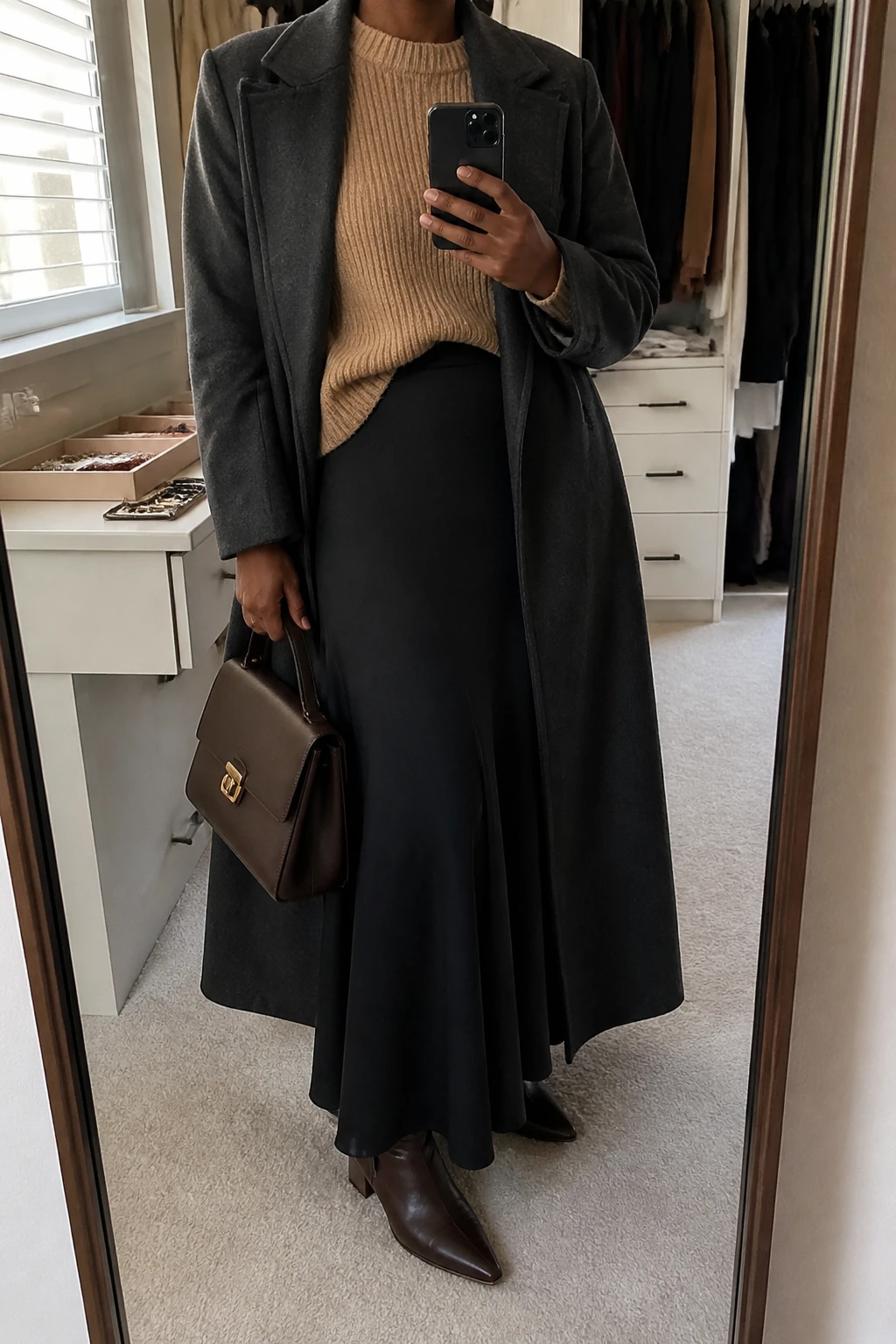 Image Prompt: Mirror selfie of a black woman wearing a camel relaxed-fit chunky ribbed crewneck sweater with a slight front tuck into a black high-waisted wool-blend A-line maxi skirt, dark brown leather pointed-toe ankle boots with low block heels, a long charcoal grey tailored wool coat worn open, and a structured dark brown leather top-handle handbag, holding a phone in front of a mirror, cropped at the NECK so the face does not show, with a relaxed casual selfie pose, in a walk-in closet mirror, soft natural window light, an open closet with clothes visible and a jewelry tray on the vanity, realistic camel knit texture, natural black wool maxi skirt folds and comfortable winter proportions, latest iPhone photo quality, no additional clothing or accessories.