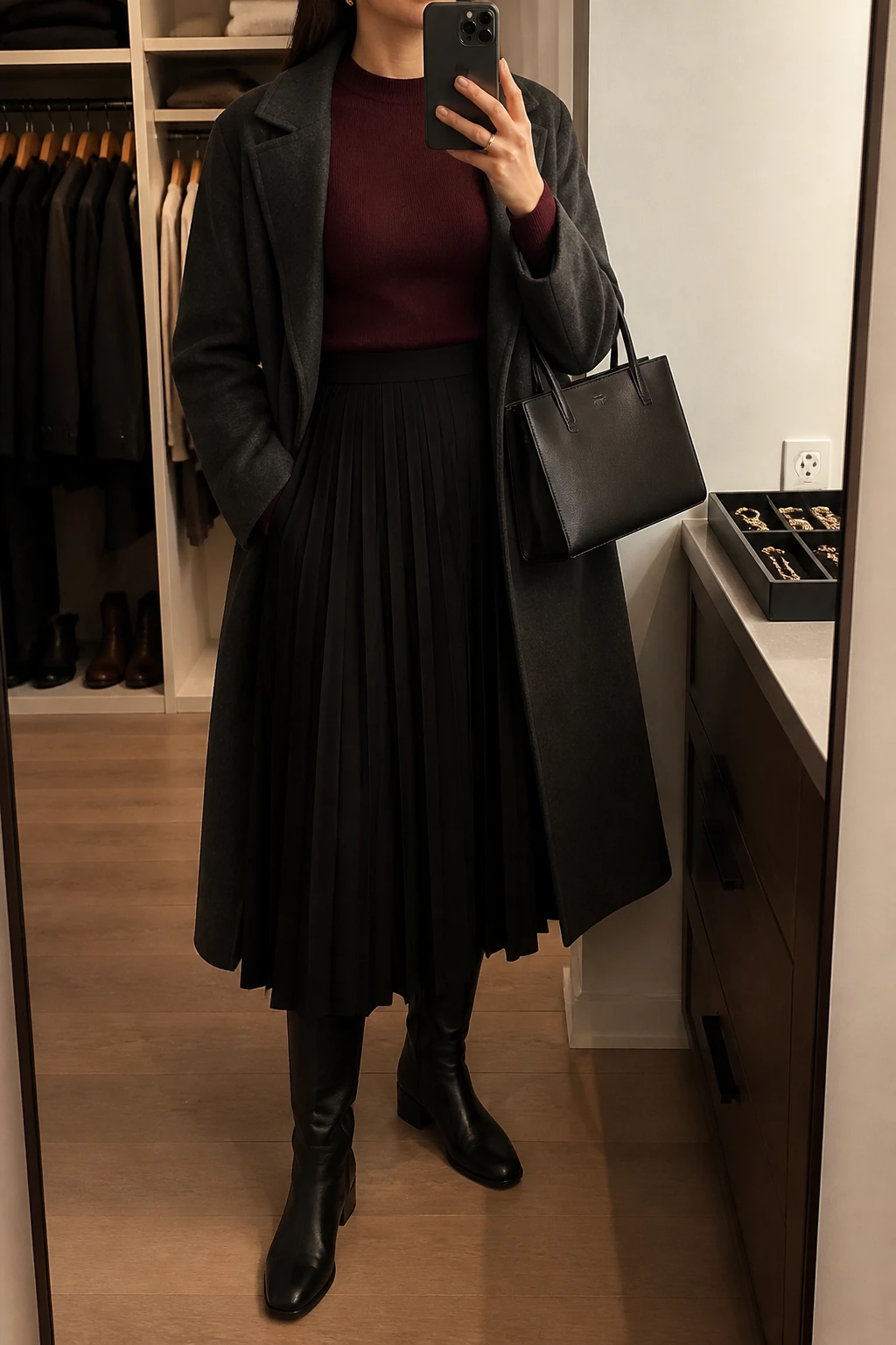 Image Prompt: Mirror selfie of a woman wearing a deep burgundy fitted cashmere crewneck sweater tucked into a black high-waisted wool-blend pleated midi skirt, black leather knee-high boots with low block heels, a long charcoal grey wool wrap coat worn open, a structured black leather handbag, and delicate gold stud earrings, holding a phone in front of a mirror, cropped at the NECK so the face does not show, with a relaxed casual selfie pose, in a walk-in closet mirror, warm soft indoor lighting, an open closet with clothes visible and a jewelry tray on the vanity, realistic black pleated wool fabric, natural burgundy cashmere texture, soft evening shadows, latest iPhone photo quality, no additional clothing or accessories.