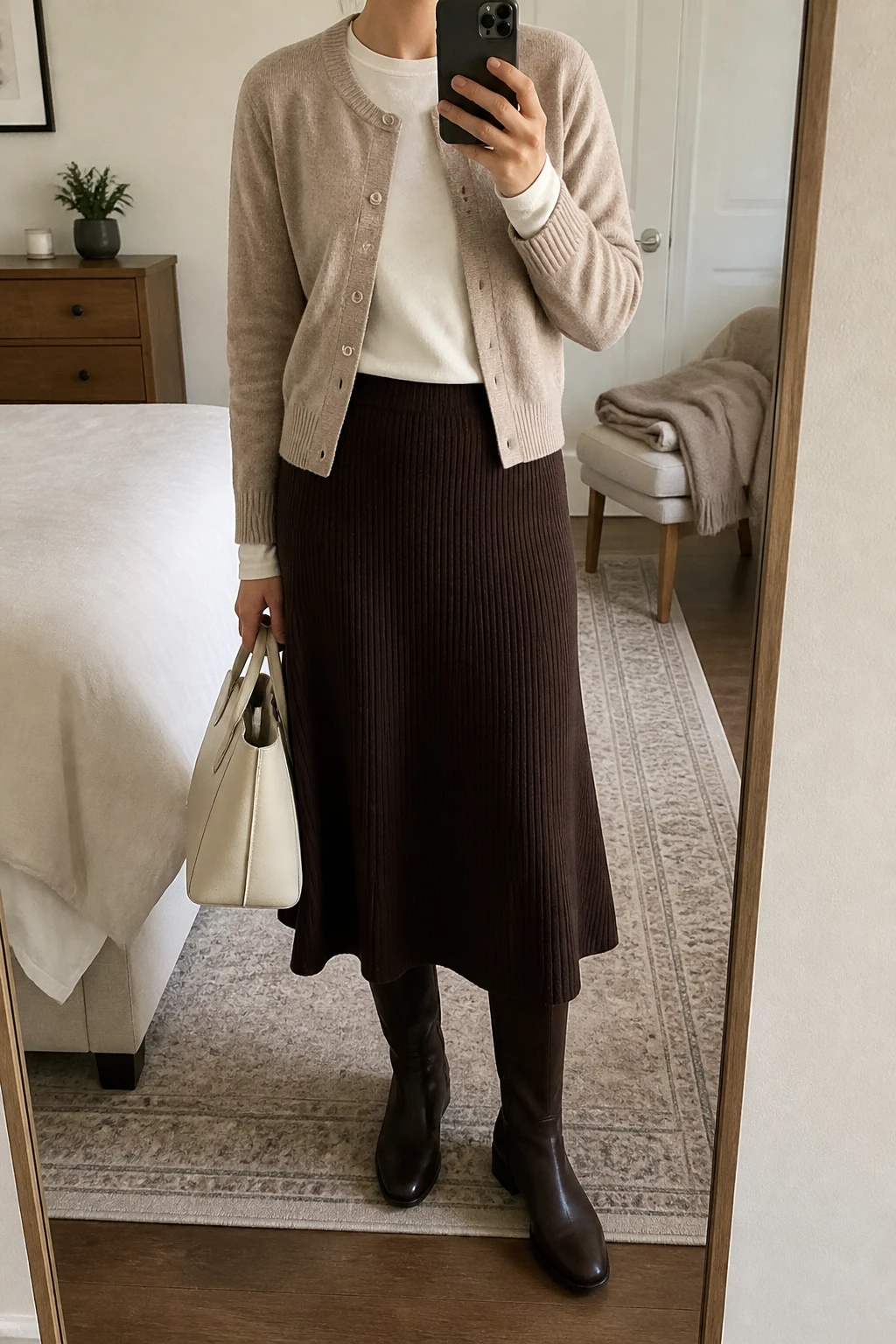 Image Prompt: Mirror selfie of a woman wearing a beige fine-knit button-front wool cardigan over an ivory fitted long-sleeve cotton crewneck top, a chocolate brown ribbed knit A-line midi skirt, dark brown leather knee-high flat boots, and a structured cream leather handbag, holding a phone in front of a mirror, cropped at the NECK so the face does not show, with a relaxed casual selfie pose, in a cozy bedroom mirror setup, soft indoor lighting, a folded blanket on a chair and a small plant on a dresser, natural beige cardigan texture, realistic chocolate knit skirt folds and soft winter colors, latest iPhone photo quality, no additional clothing or accessories.