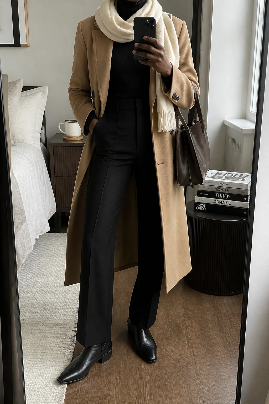 Image Prompt: Mirror selfie of a black woman wearing a long camel double-breasted wool coat left open over a black fitted cashmere turtleneck sweater, black high-waisted straight-leg tailored wool trousers, black leather pointed-toe ankle boots with low block heels and rubber soles, a structured chocolate brown leather shoulder bag, and a cream wool scarf wrapped loosely around the neck, holding a phone in front of a full-length mirror, cropped at the NECK so the face does not show, with a relaxed casual selfie pose, in a stylish city apartment, soft natural window light, a coffee mug on a bedside table and a stack of fashion magazines on a side table, realistic wool texture, natural trouser folds, elegant understated styling, latest iPhone photo quality, no additional clothing or accessories.
