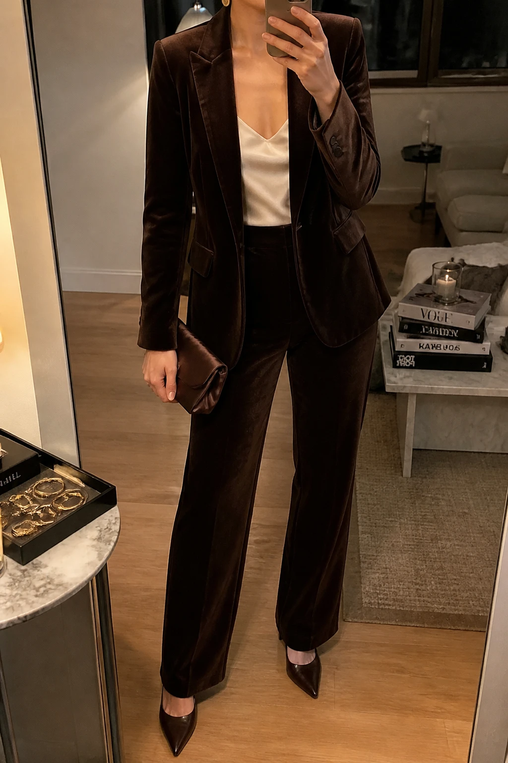 Image Prompt: Mirror selfie of a woman wearing a chocolate brown tailored velvet blazer over an ivory fitted silk camisole, matching chocolate brown velvet straight-leg trousers, dark brown pointed-toe leather heels, a small bronze satin clutch, and simple gold oval earrings, holding a phone in front of a mirror, cropped at the NECK so the face does not show, with a relaxed casual selfie pose, in a stylish city apartment, warm soft indoor lighting, a stack of fashion magazines on a side table and a jewelry tray on the vanity, realistic velvet texture, rich but natural brown tones, latest iPhone photo quality, no additional clothing or accessories.