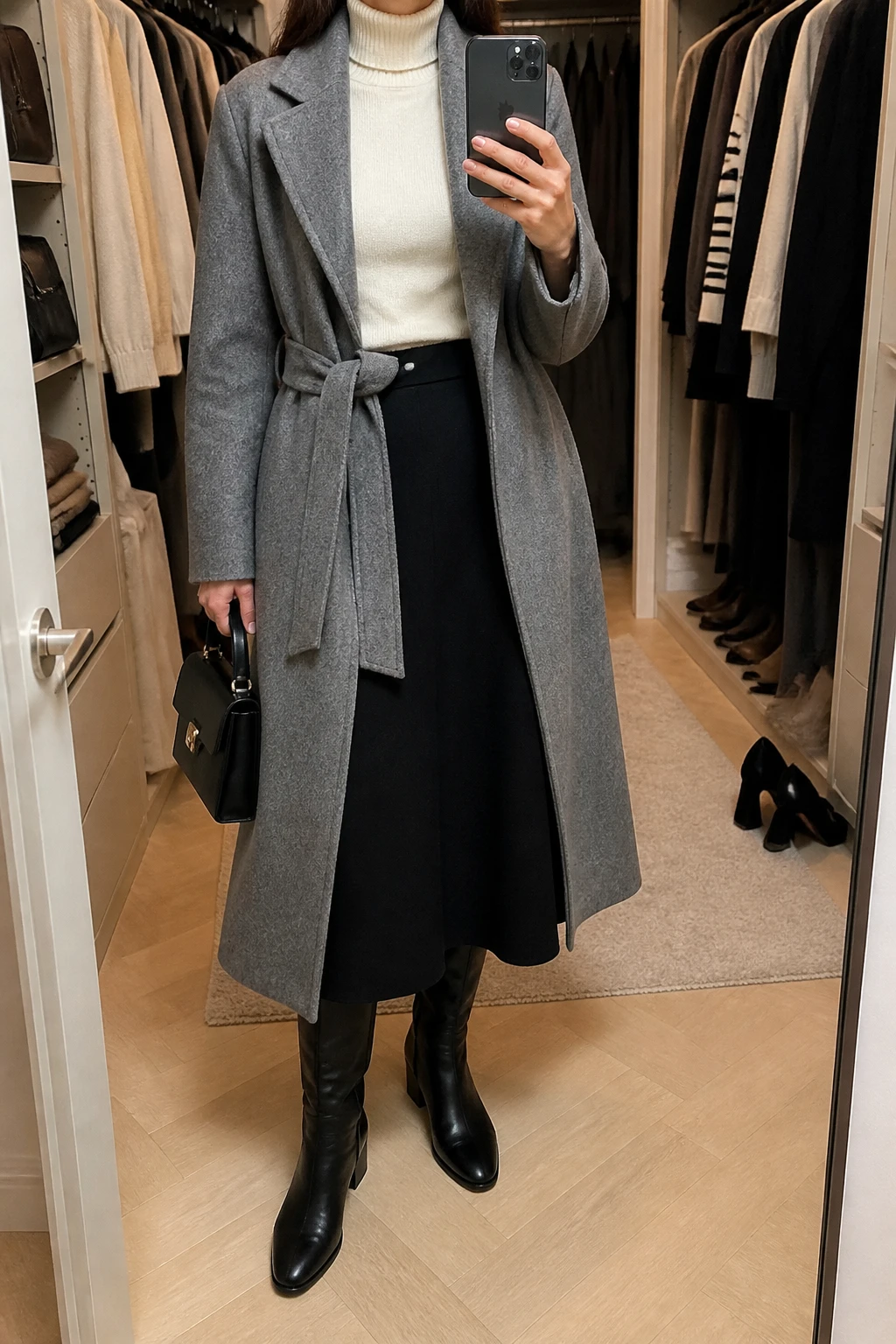 Image Prompt: Mirror selfie of a woman wearing a long heather grey belted wool wrap coat tied loosely at the waist over an ivory fitted cashmere turtleneck sweater, black A-line wool midi skirt, black leather knee-high boots with low block heels, and a small structured black leather handbag, holding a phone in front of a mirror, cropped at the NECK so the face does not show, with a relaxed casual selfie pose, in a walk-in closet mirror, soft indoor lighting, an open closet with clothes visible and a pair of heels on the floor nearby, realistic grey wool folds, natural skirt movement, latest iPhone photo quality, no additional clothing or accessories.