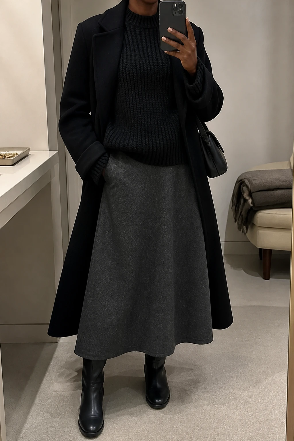 Image Prompt: Mirror selfie of a black woman wearing a black oversized chunky ribbed crewneck sweater with a high round neckline over a charcoal grey wool-blend A-line maxi skirt, black leather knee-high flat boots, a long black tailored wool coat worn open, and a structured black leather shoulder bag, holding a phone in front of a mirror, cropped at the NECK so the face does not show, with a relaxed casual selfie pose, in a minimal dressing room, soft indoor lighting, a jewelry tray on the vanity and a folded blanket on a chair, realistic black chunky-knit stitches, natural grey wool skirt folds and understated winter styling, latest iPhone photo quality, no additional clothing or accessories.